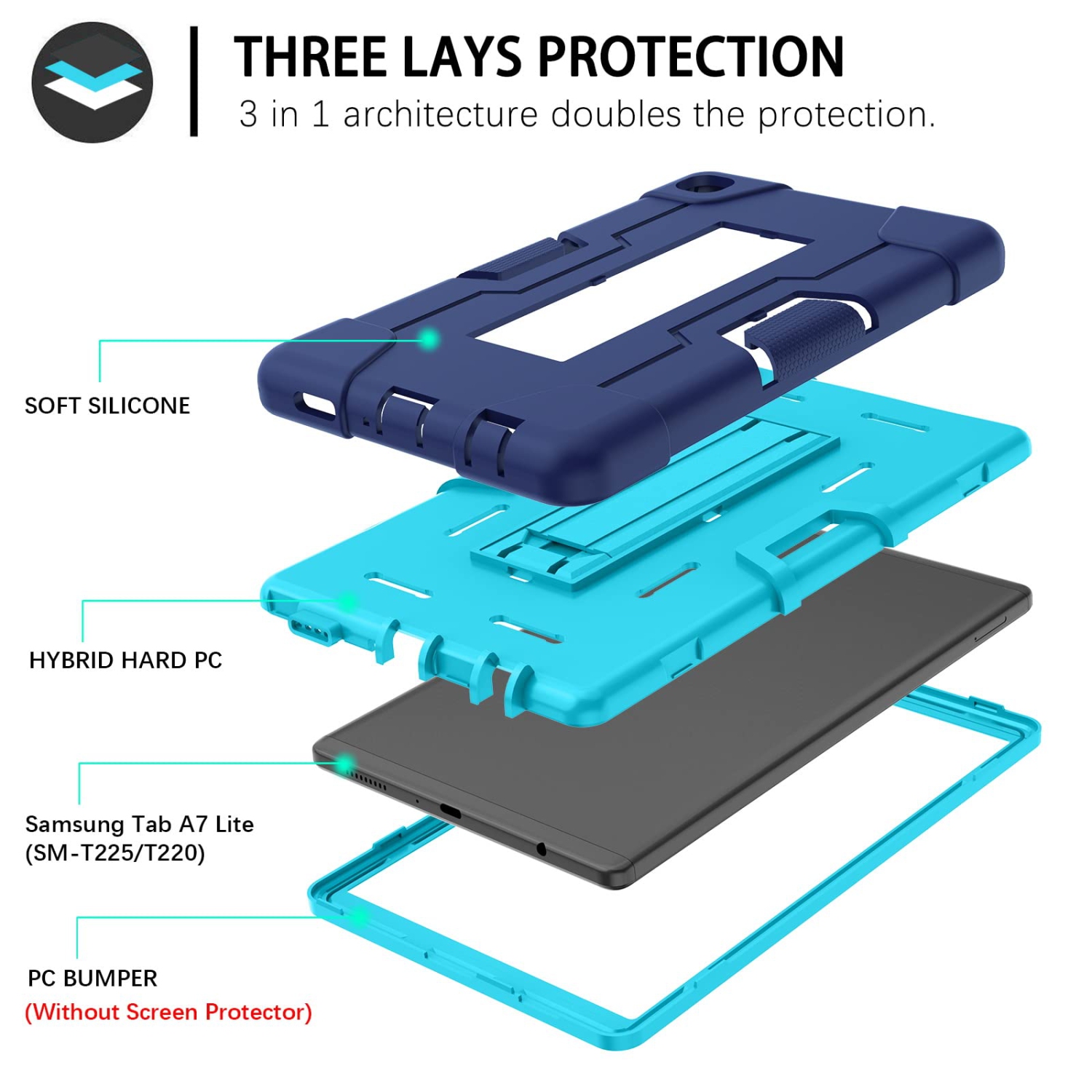 Étui rigide hybride robuste 3-en-1 pour Galaxy Tab A7 Lite de 8.7 po 2021, béquille DUEDUE pour boîtier intégral à impact élevé