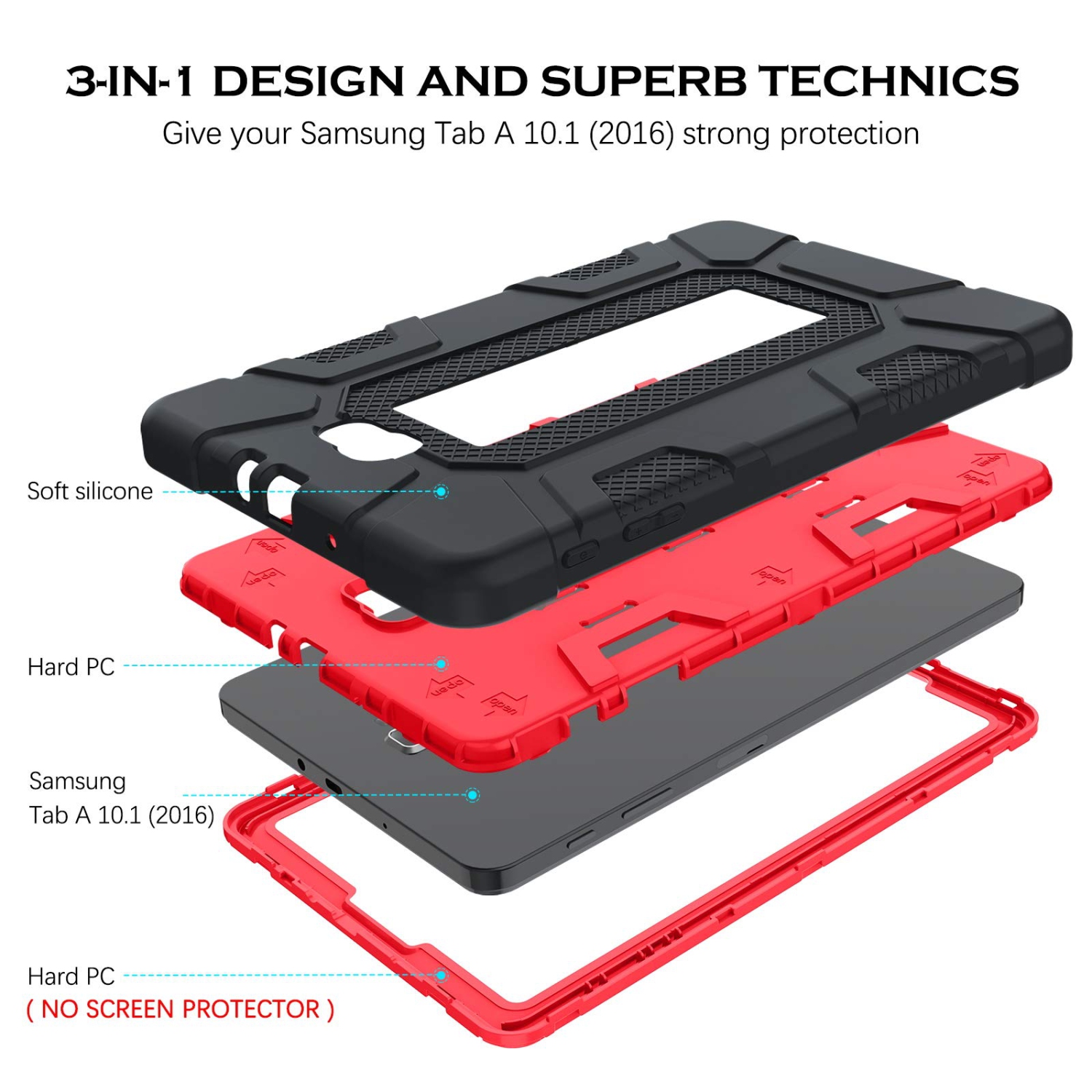 Étui antichoc robuste hybride robuste Galaxy Tab A 10.1 2016 de Samsung avec béquille 10.1-en-1 pour Tab A 3 po de Samsung
