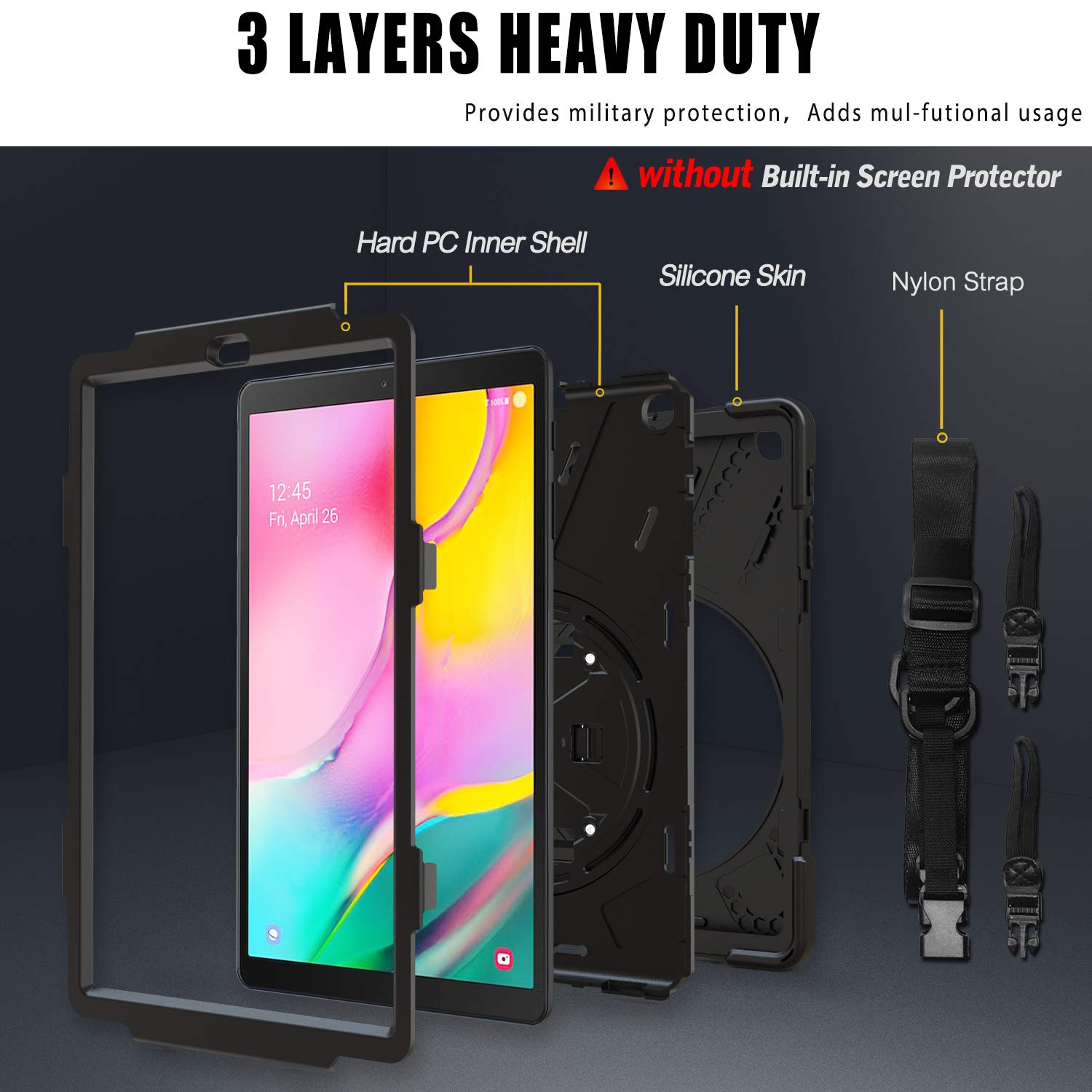 MoKo Case Fit Samsung Galaxy Tab A 10.1 2019, Heavy Duty Shockproof Full-Body Rugged 360 Degree Rotating with Shoulder Str