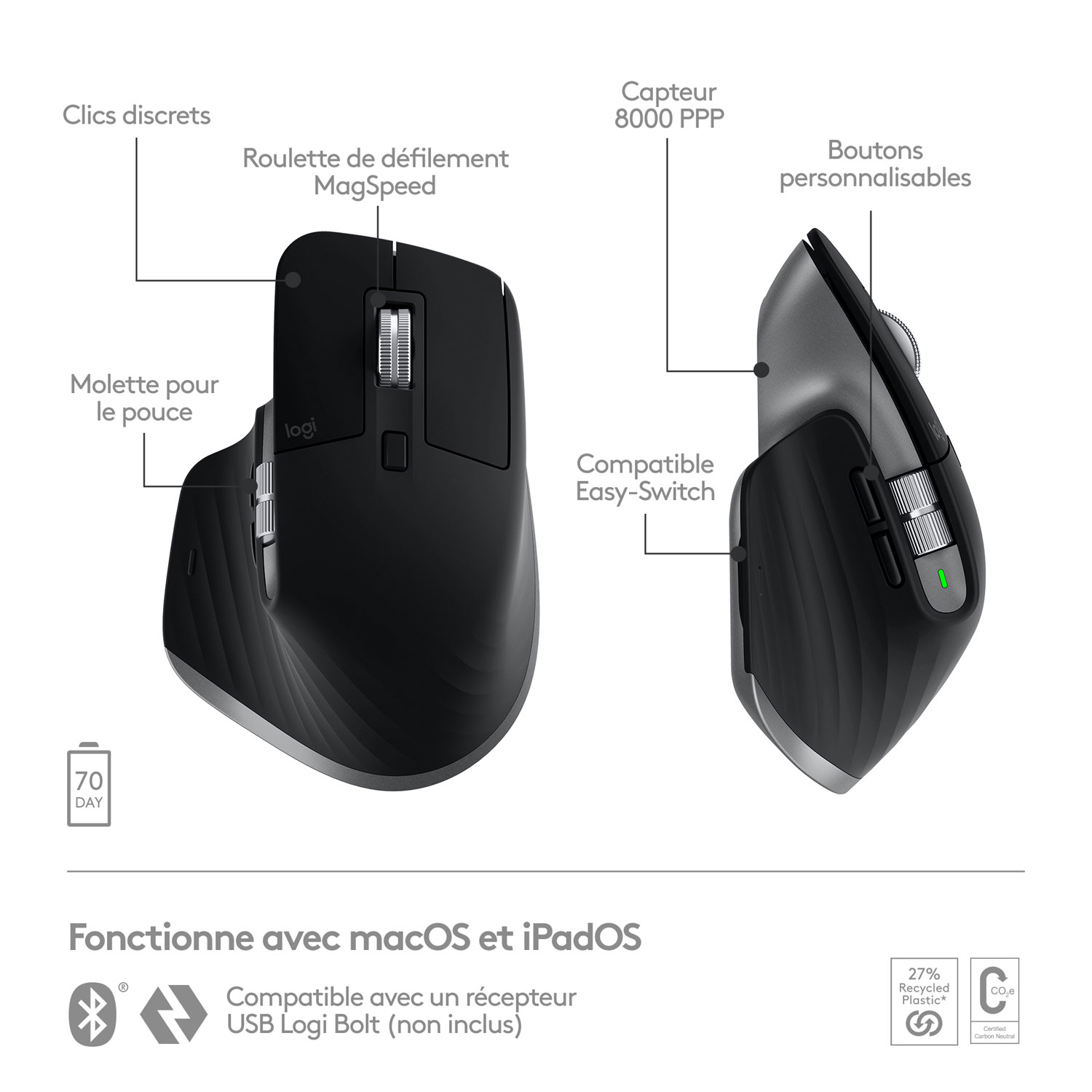 Souris Bluetooth optique MX Master 3S de Logitech pour Mac - Gris cosmique