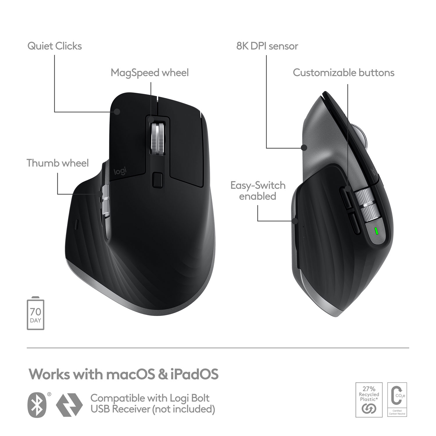 Souris Bluetooth optique MX Master 3S de Logitech pour Mac - Gris cosmique
