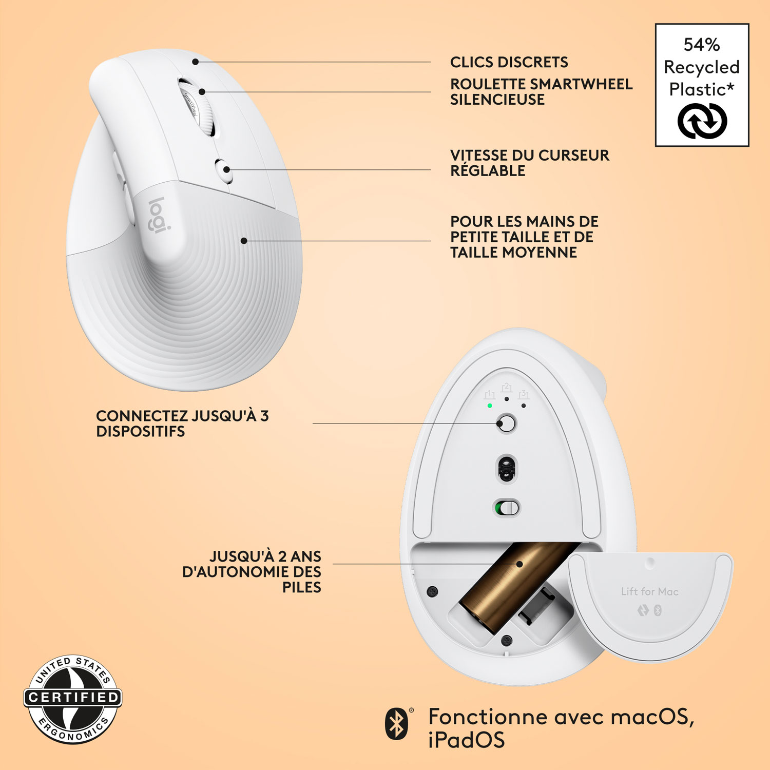 Logitech Lift Ergonomic 4000 DPI Wireless Mouse for Mac - Off-White