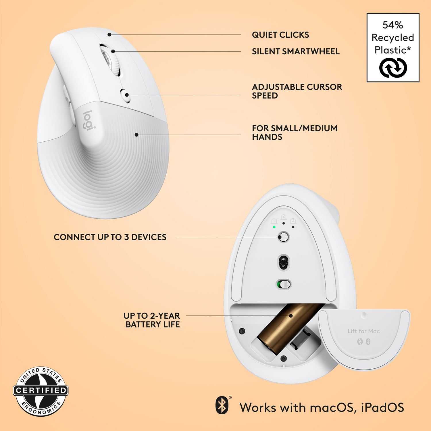 Logitech Lift Ergonomic 4000 DPI Wireless Mouse for Mac - Off-White