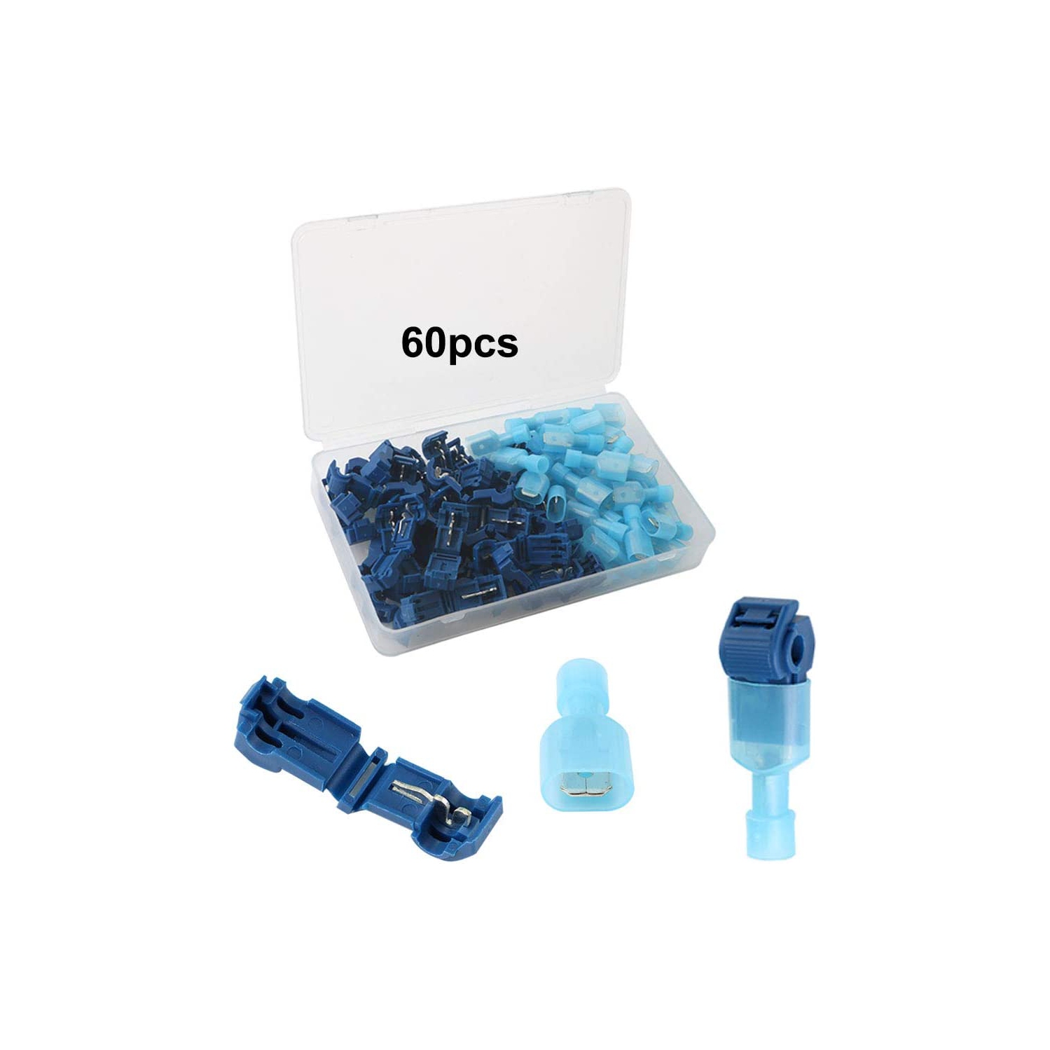 60Pcs Premium T-Tap Wire Terminals, Self-Stripping Quick Splice Wire Connectors and Fully Insulated Male Spade Terminals Connectors Kit –– Blue