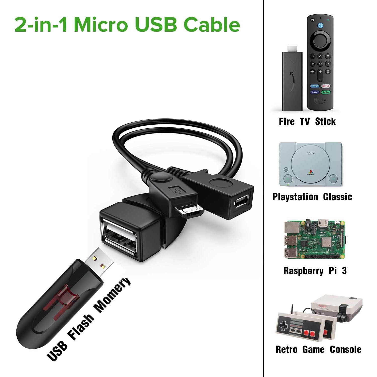 [2 Pack] 2-in-1 Micro USB OTG Cable Adapter with Power Cable for Fire Stick/Host Devices etc- Black