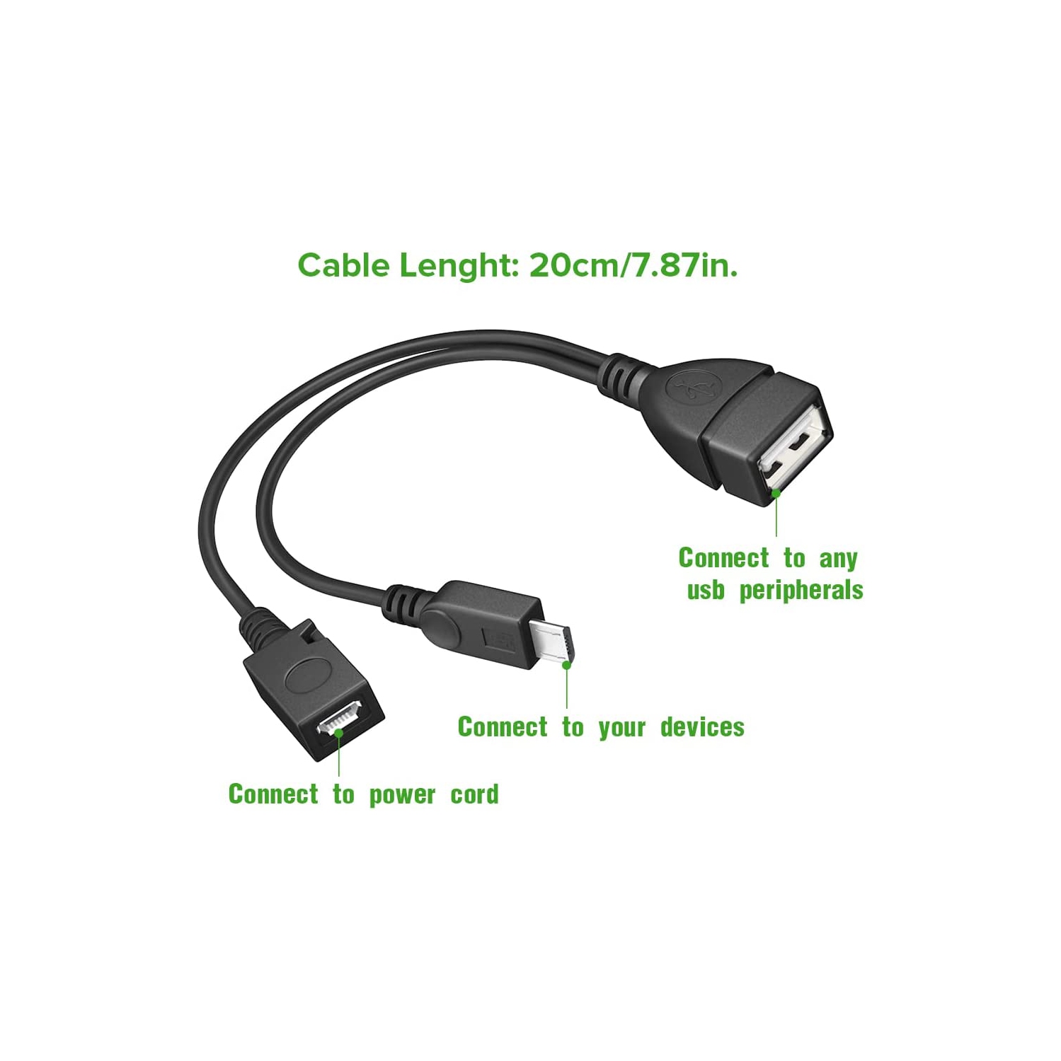 [2 Pack] 2-in-1 Micro USB OTG Cable Adapter with Power Cable for Fire Stick/Host Devices etc- Black