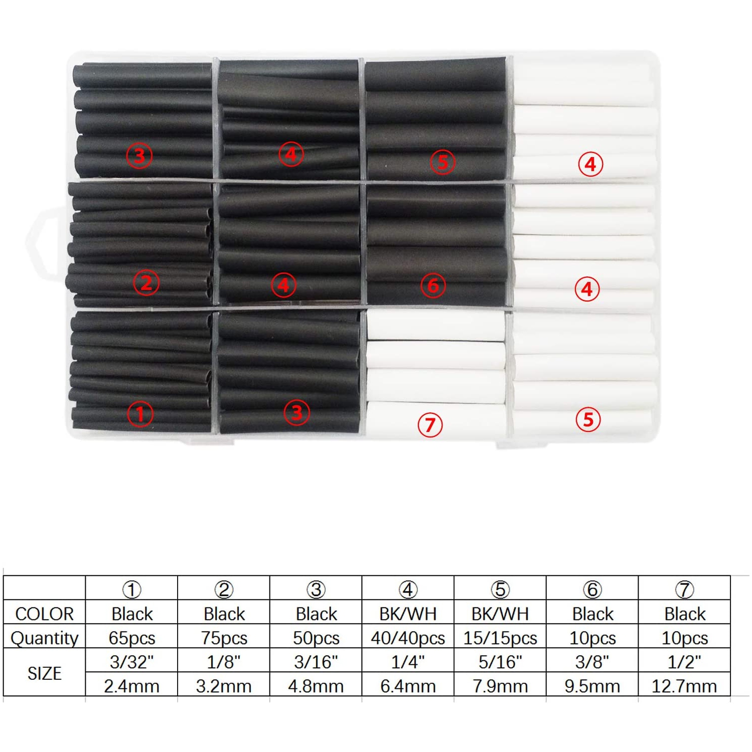 3:1 Dual Wall Adhesive Heat Shrink Tubing kit,320PCS 2Colors 7 Sizes 1/2', 3/8',5/16' 1/4', 3/16', 1/8', 3/32', Cable Sleeve Tube Assortment with