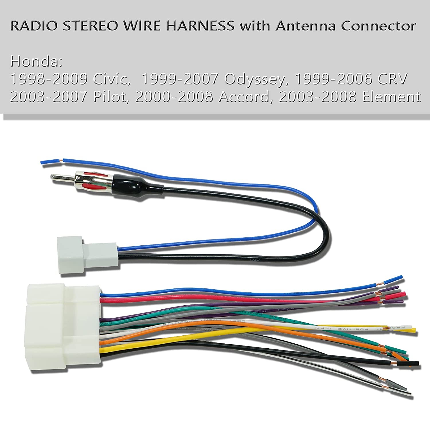 Radio Wiring Harness + Antenna Wire Adapter Compatible with Honda Civic/CR-V/Odyssey/Accord/Pilot/1998-2008, Acura TL/RSX/RDX 1999-2006 for
