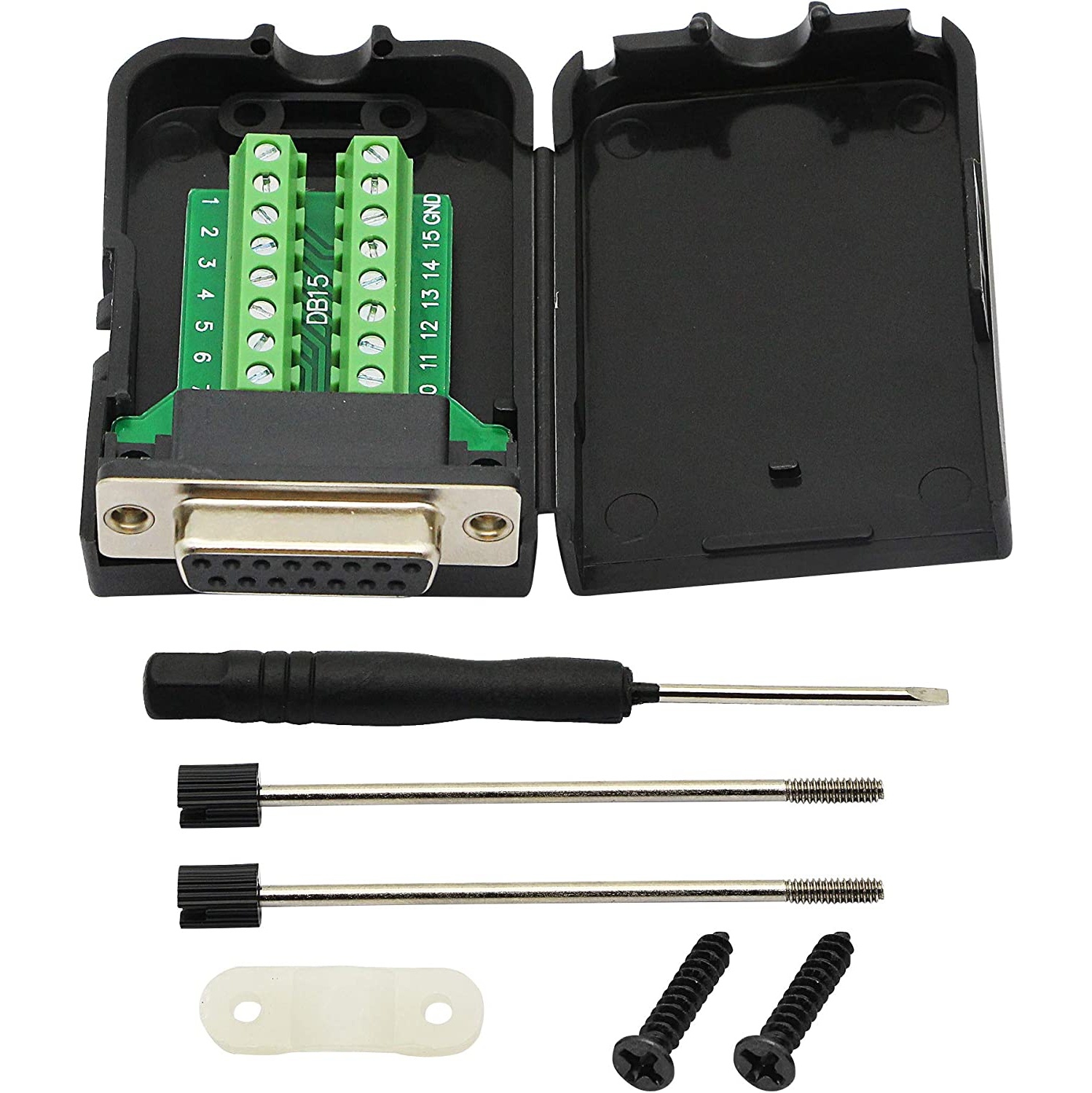 DB15 Breakout Connector, DB15 D-SUB Female Solderless Serial to Screw Wiring Terminal Signal Module Breakout PCB Board with Plastic Case & Screws