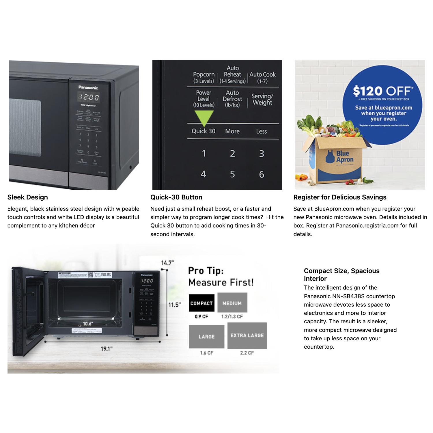Four à micro-ondes Panasonic, 0.9 pi3 pi Four à micro-ondes de comptoir compact - Noir et acier inoxydable