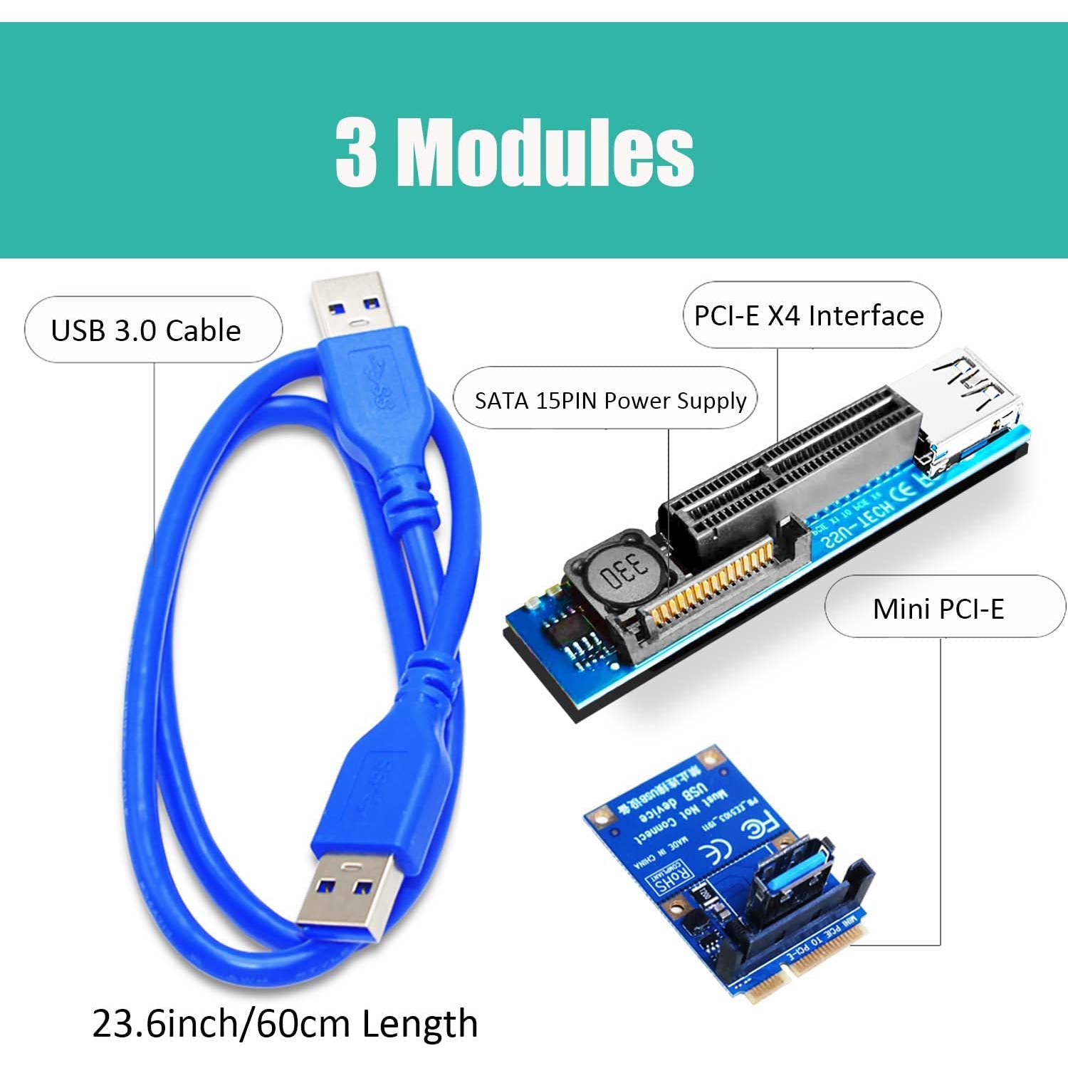Mini PCIe Extension Cable 60cm, Mini PCI-E to PCI-E X4 Riser Cable for BTC Miner Mining, WiFi Adapter, USB Adapter, M.2 PCI-E SSD Adapter, etc.