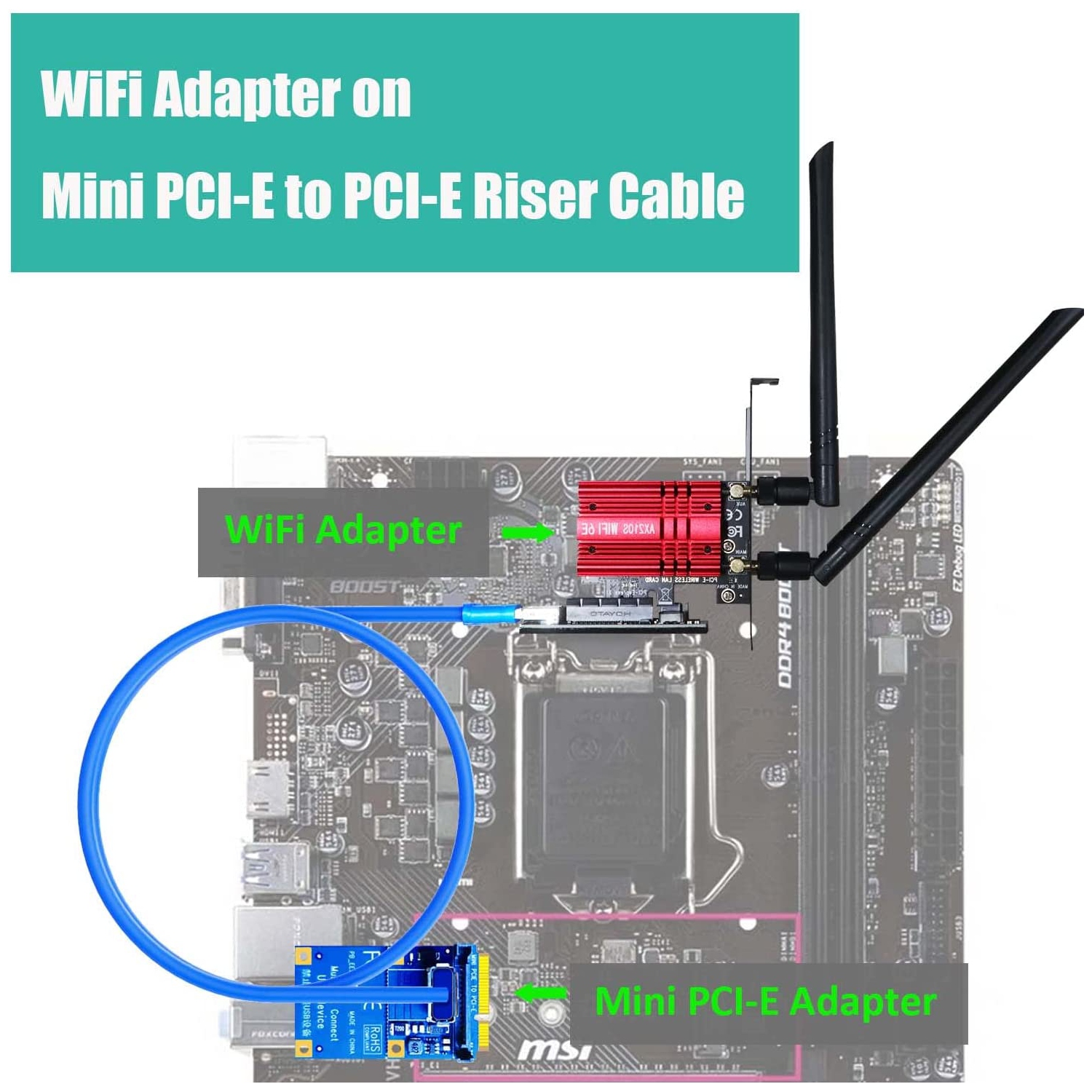 Mini PCIe Extension Cable 60cm, Mini PCI-E to PCI-E X4 Riser Cable for BTC Miner Mining, WiFi Adapter, USB Adapter, M.2 PCI-E SSD Adapter, etc.
