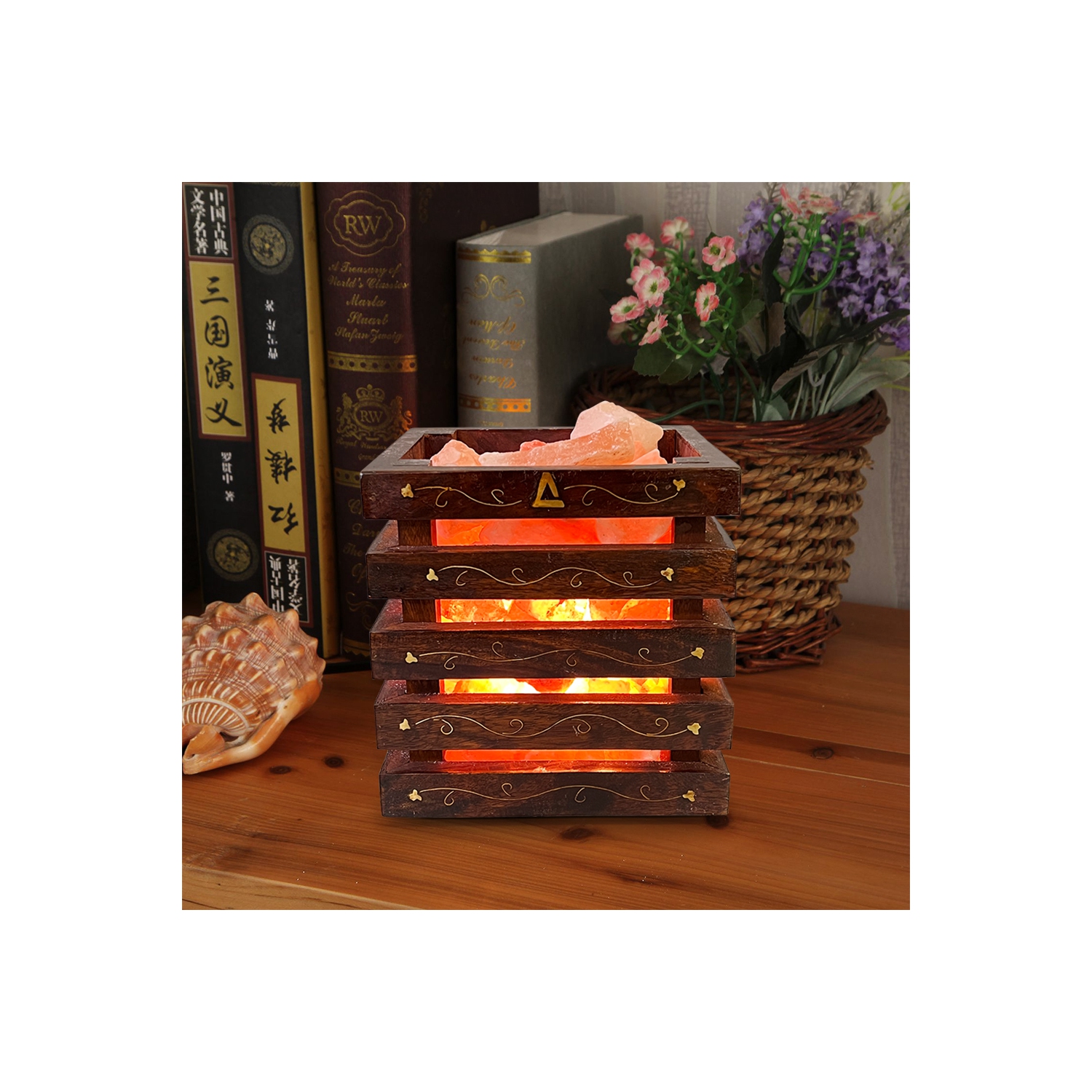 Himalayan Pink Rock Salt Lamp- Wooden Basket Brass Best Gift Item