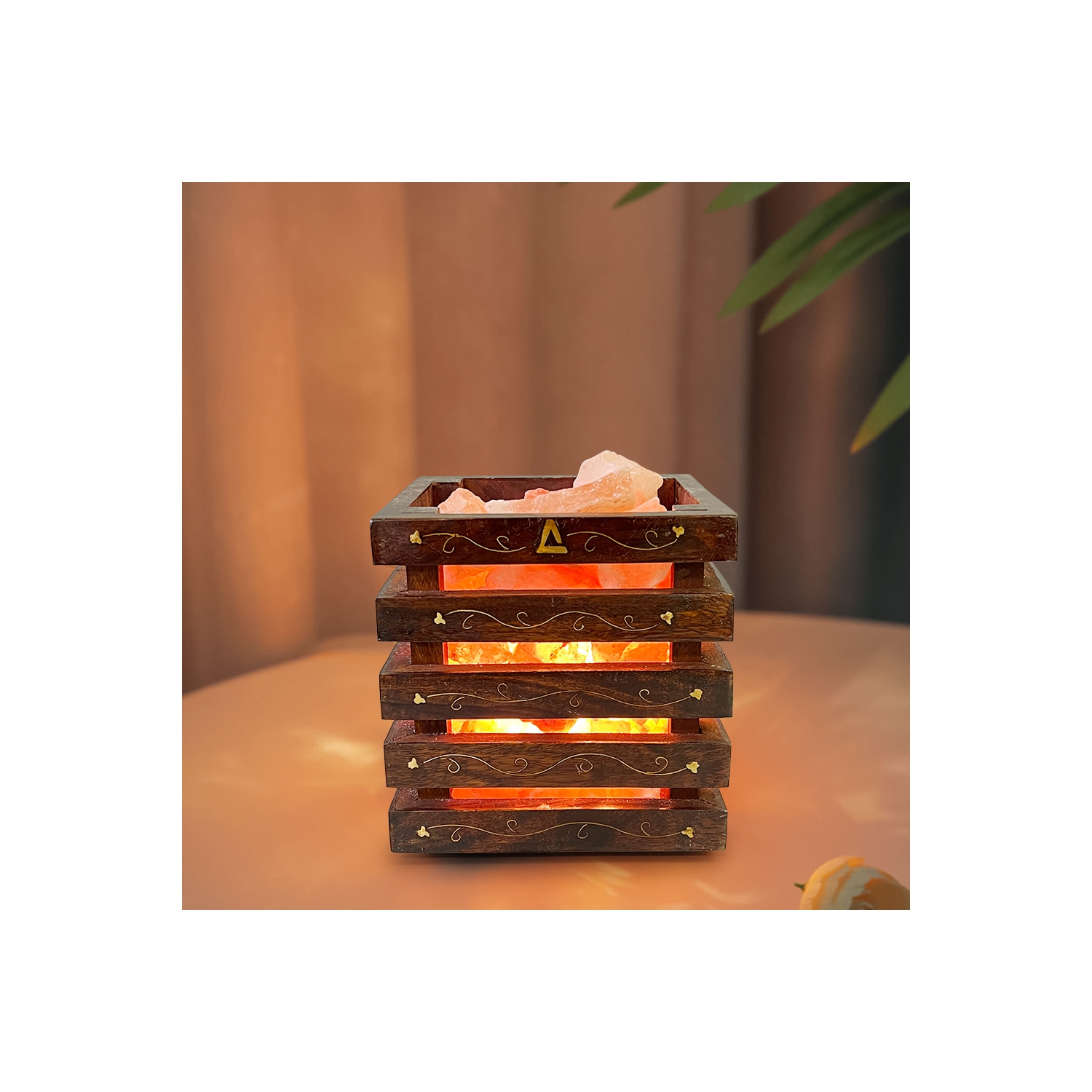 Himalayan Pink Rock Salt Lamp- Wooden Basket Brass Best Gift Item