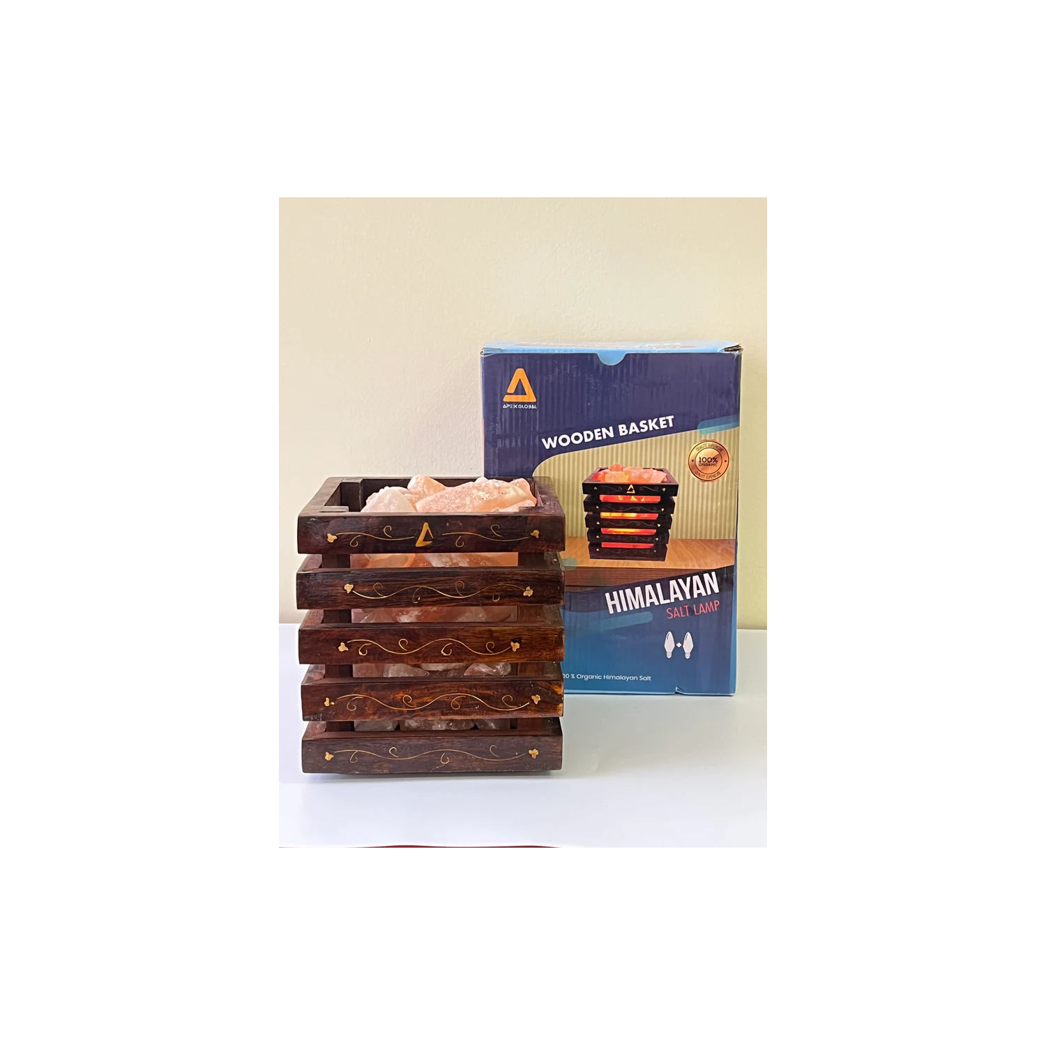 Himalayan Pink Rock Salt Lamp- Wooden Basket Brass Best Gift Item