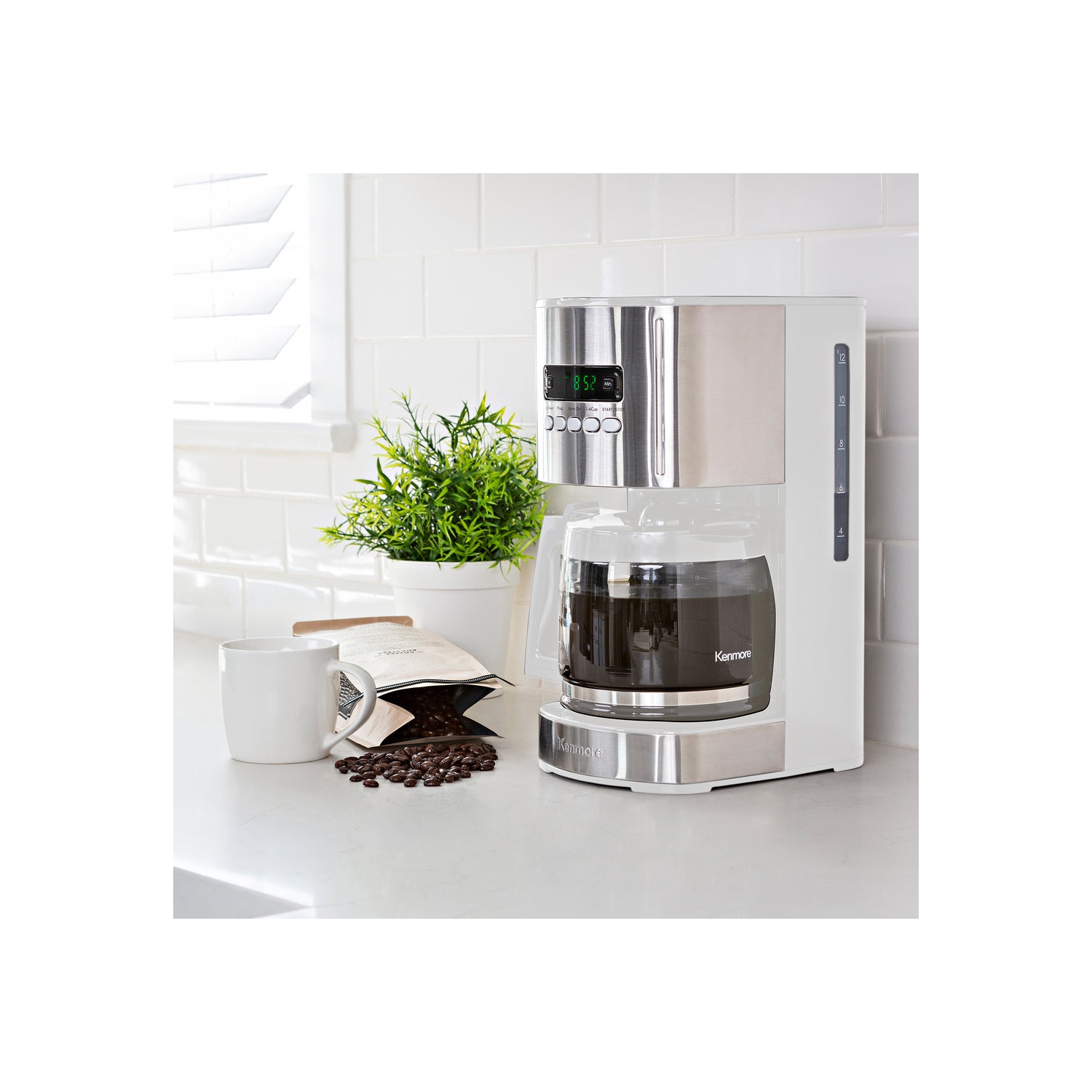 Kenmore Aroma Control 12-Cup Programmable Coffee Maker, White and Stainless Steel, Reusable Filter.