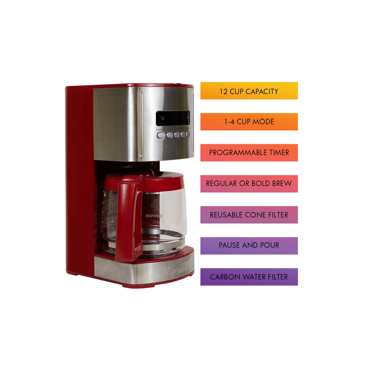 Machine à café programmable de 12 tasses Aroma Control de Kenmore - Rouge et acier inoxydable, Filtre réutilisable