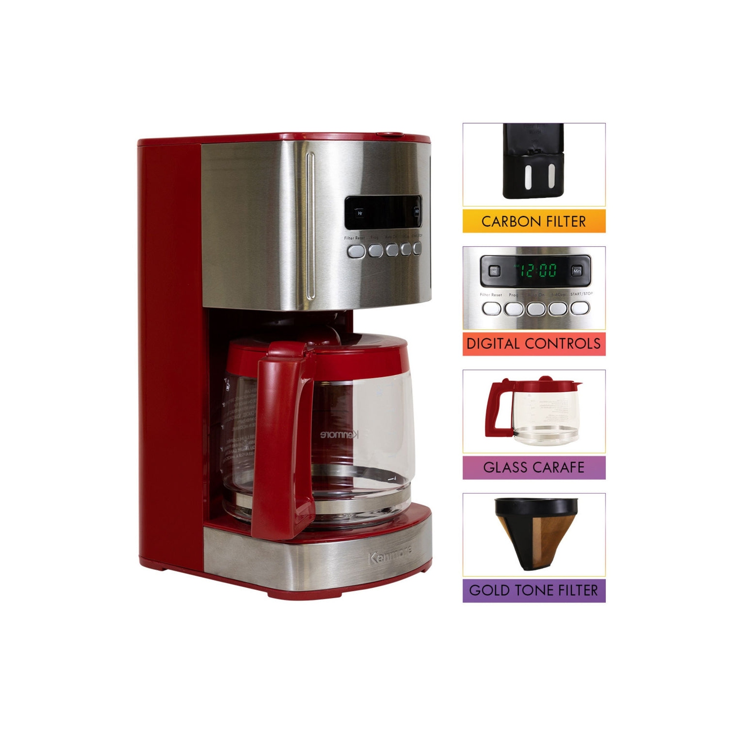 Machine à café programmable de 12 tasses Aroma Control de Kenmore - Rouge et acier inoxydable, Filtre réutilisable