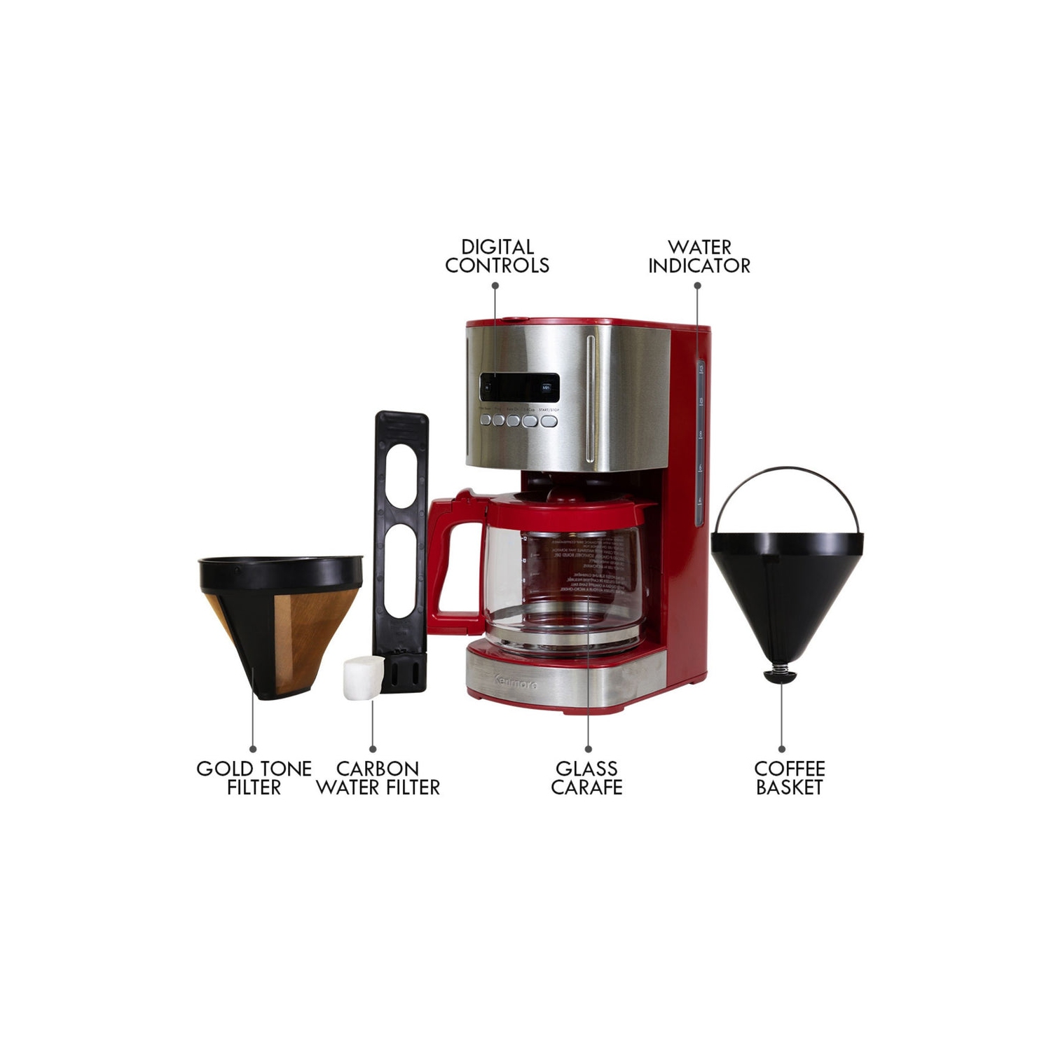 Machine à café programmable de 12 tasses Aroma Control de Kenmore - Rouge et acier inoxydable, Filtre réutilisable