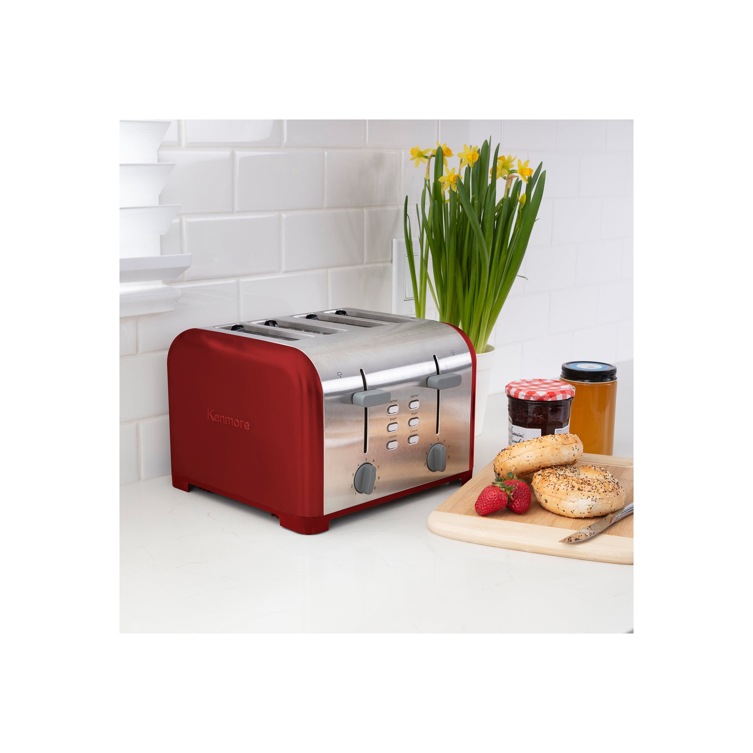 Kenmore 4-Slice Toaster, Red Stainless Steel, Dual Controls, Extra Wide Slots, Bagel and Defrost