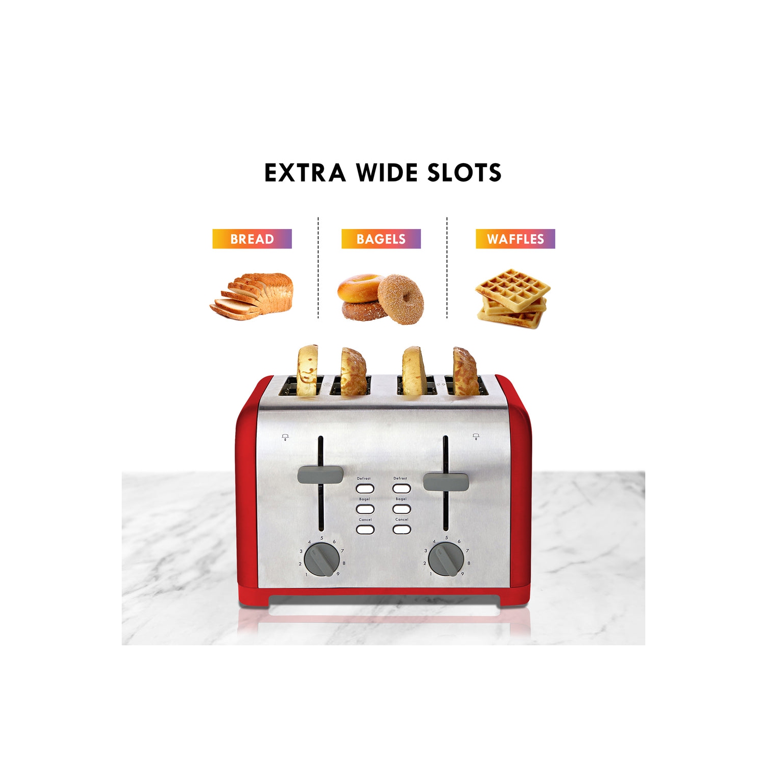 Kenmore 4-Slice Toaster, Red Stainless Steel, Dual Controls, Extra Wide Slots, Bagel and Defrost