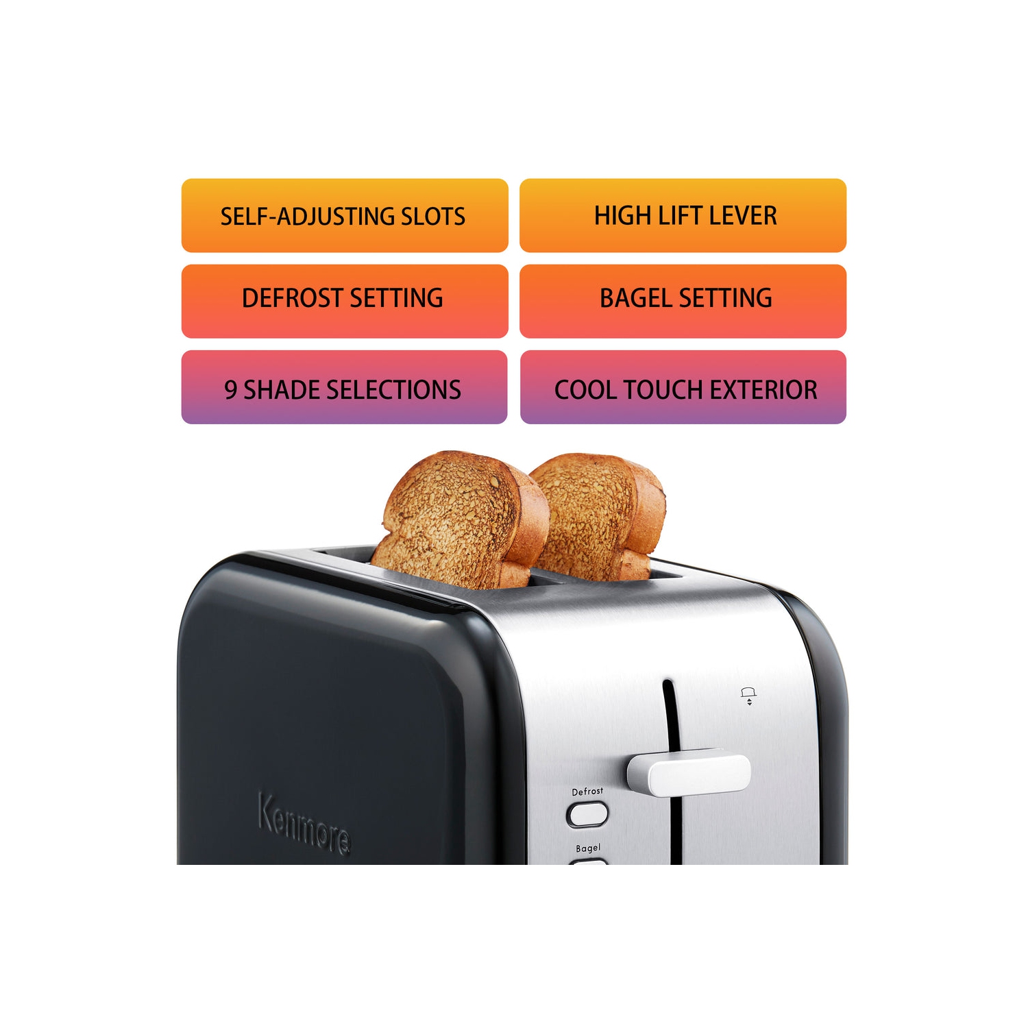Kenmore 2-Slice Toaster, BLACK Stainless Steel, Extra Wide Slots, Bagel, Defrost, 9 Shade Settings