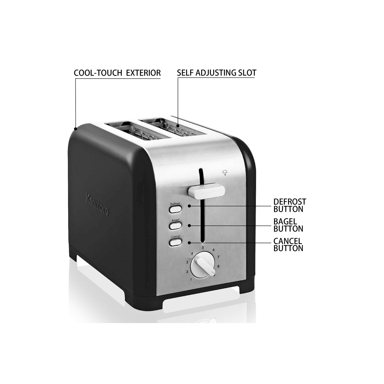 Kenmore 2-Slice Toaster, BLACK Stainless Steel, Extra Wide Slots, Bagel, Defrost, 9 Shade Settings