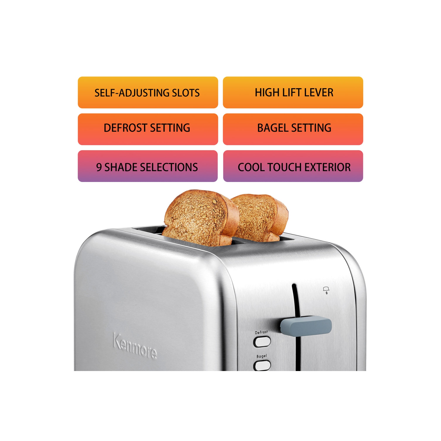 Kenmore 2-Slice Toaster, Stainless Steel, Extra Wide Slots, Bagel, Defrost, 9 Shade Settings