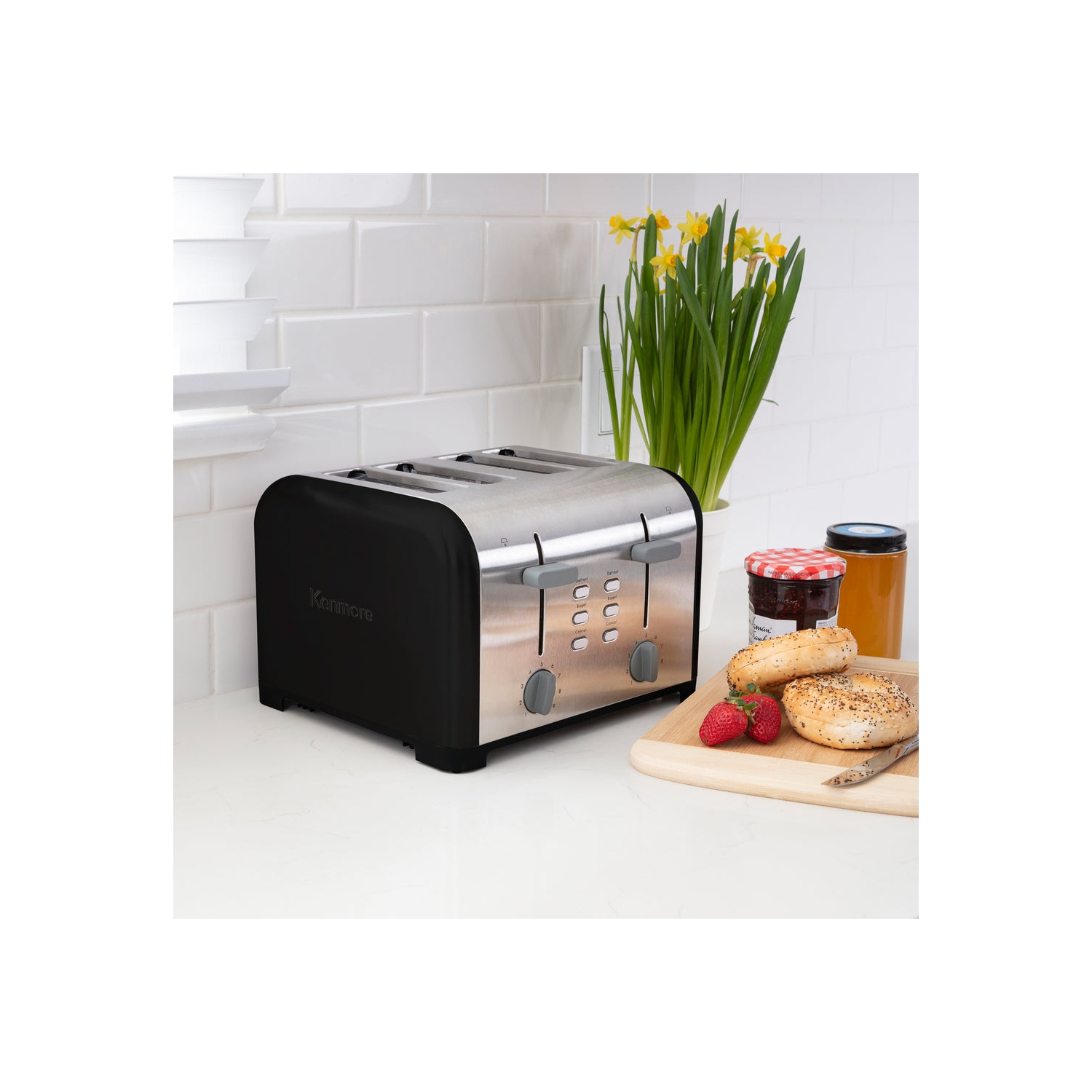 Kenmore 4-Slice Toaster, BLACK Stainless Steel, Dual Controls, Extra Wide Slots, Bagel, and Defrost.