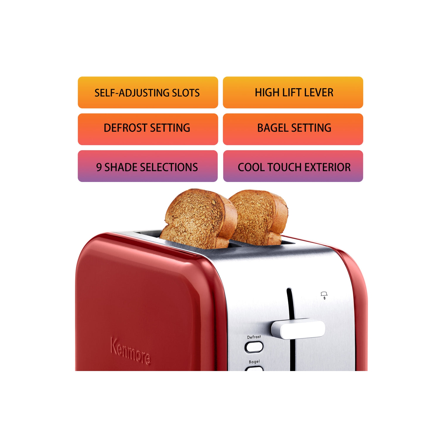 Kenmore 2-Slice Toaster, Red Stainless Steel, Extra Wide Slots, Bagel, Defrost, 9 Shade Settings
