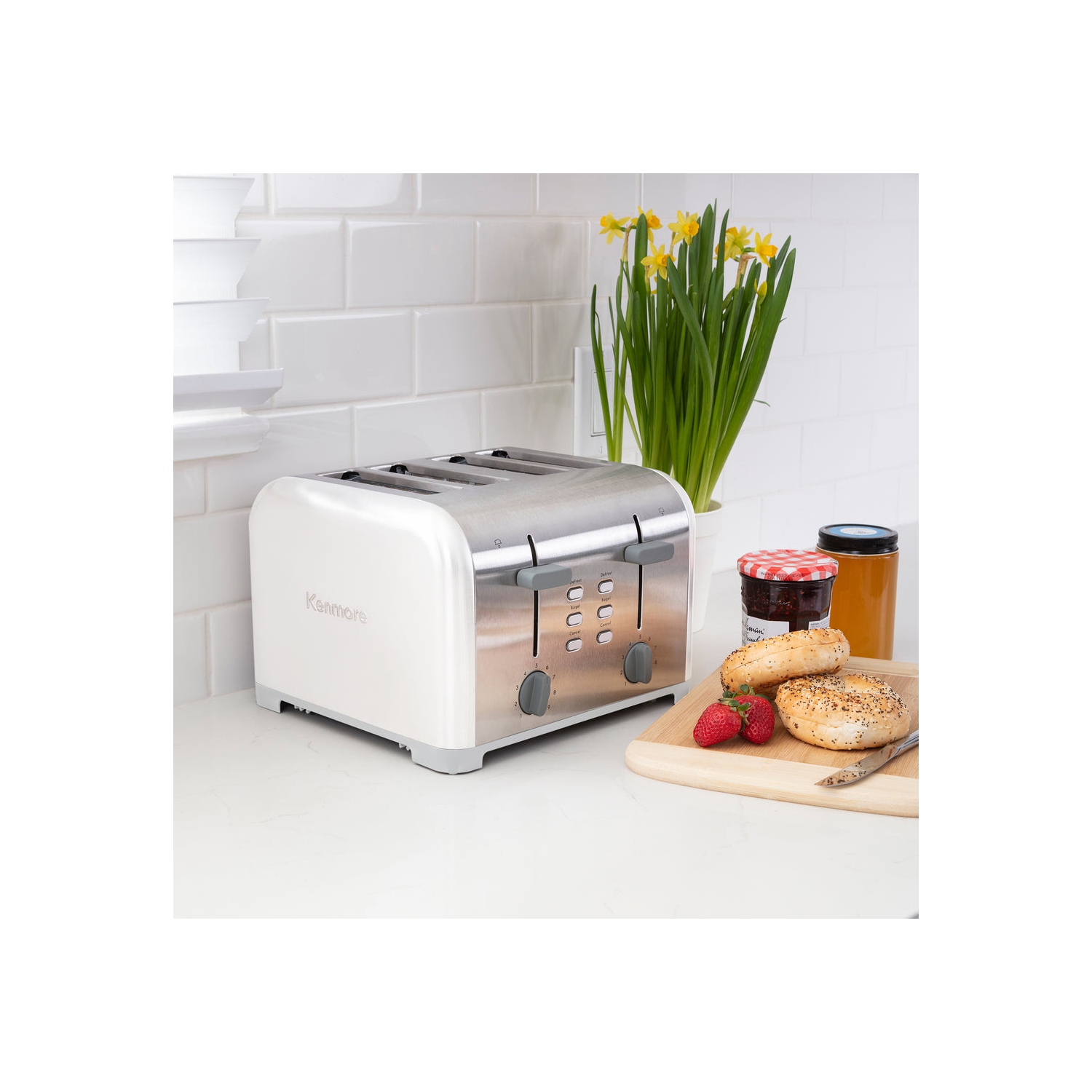 Kenmore 4-Slice Toaster, White Stainless Steel, Dual Controls, Extra Wide Slots, Bagel and Defrost Functions, 9 Browning Levels, English Muffin,