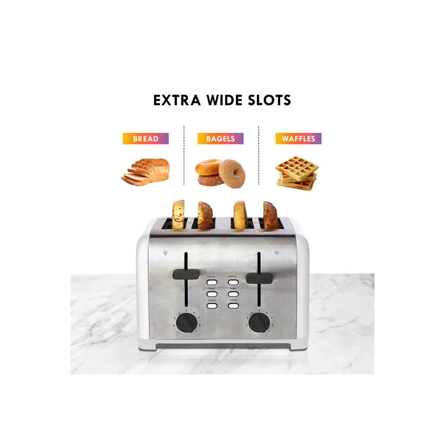 Kenmore 4-Slice Toaster, White Stainless Steel, Dual Controls, Extra Wide Slots, Bagel and Defrost Functions, 9 Browning Levels, English Muffin,