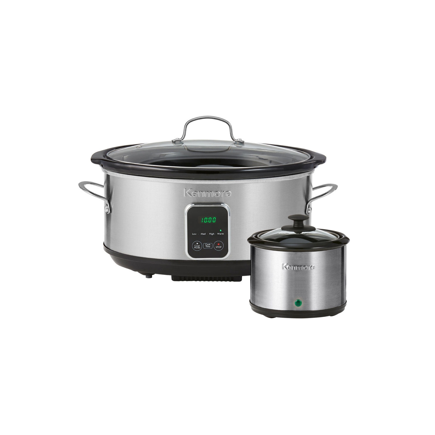 Kenmore Programmable 7 qt Slow Cooker with Dipper Sauce-Warmer, Black and Silver, Stainless Steel, Digital Display, One-Touch Controls.