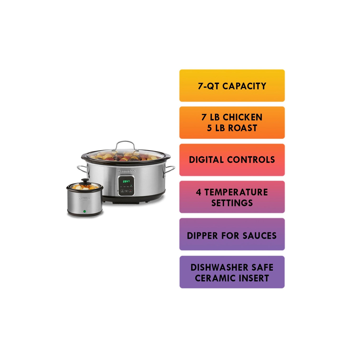 Kenmore Programmable 7 qt Slow Cooker with Dipper Sauce-Warmer, Black and Silver, Stainless Steel, Digital Display, One-Touch Controls.