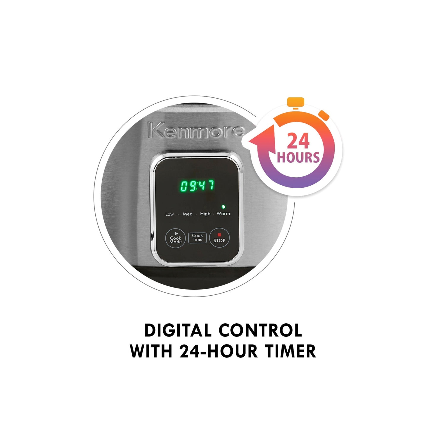 Kenmore Programmable 7 qt Slow Cooker with Dipper Sauce-Warmer, Black and Silver, Stainless Steel, Digital Display, One-Touch Controls.