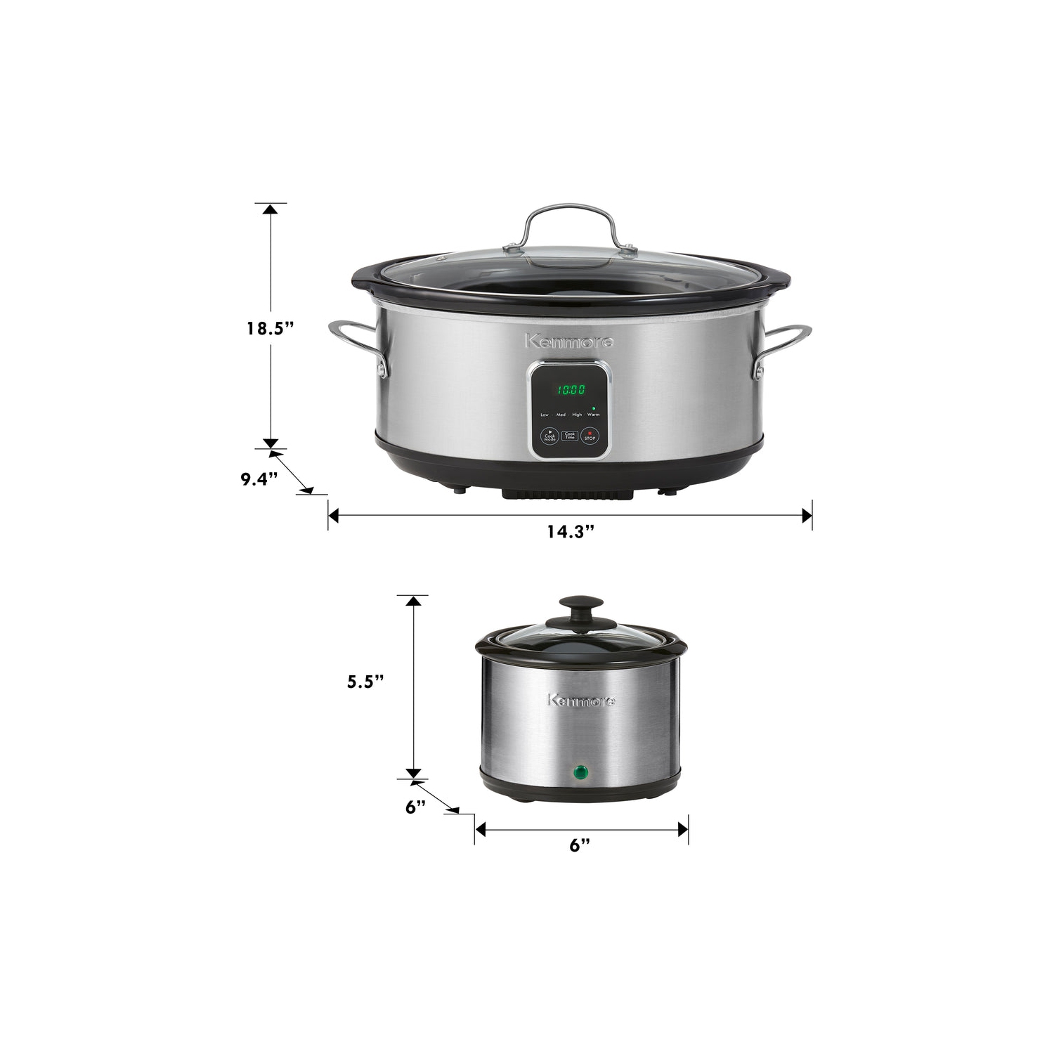 Kenmore Programmable 7 qt Slow Cooker with Dipper Sauce-Warmer, Black and Silver, Stainless Steel, Digital Display, One-Touch Controls.