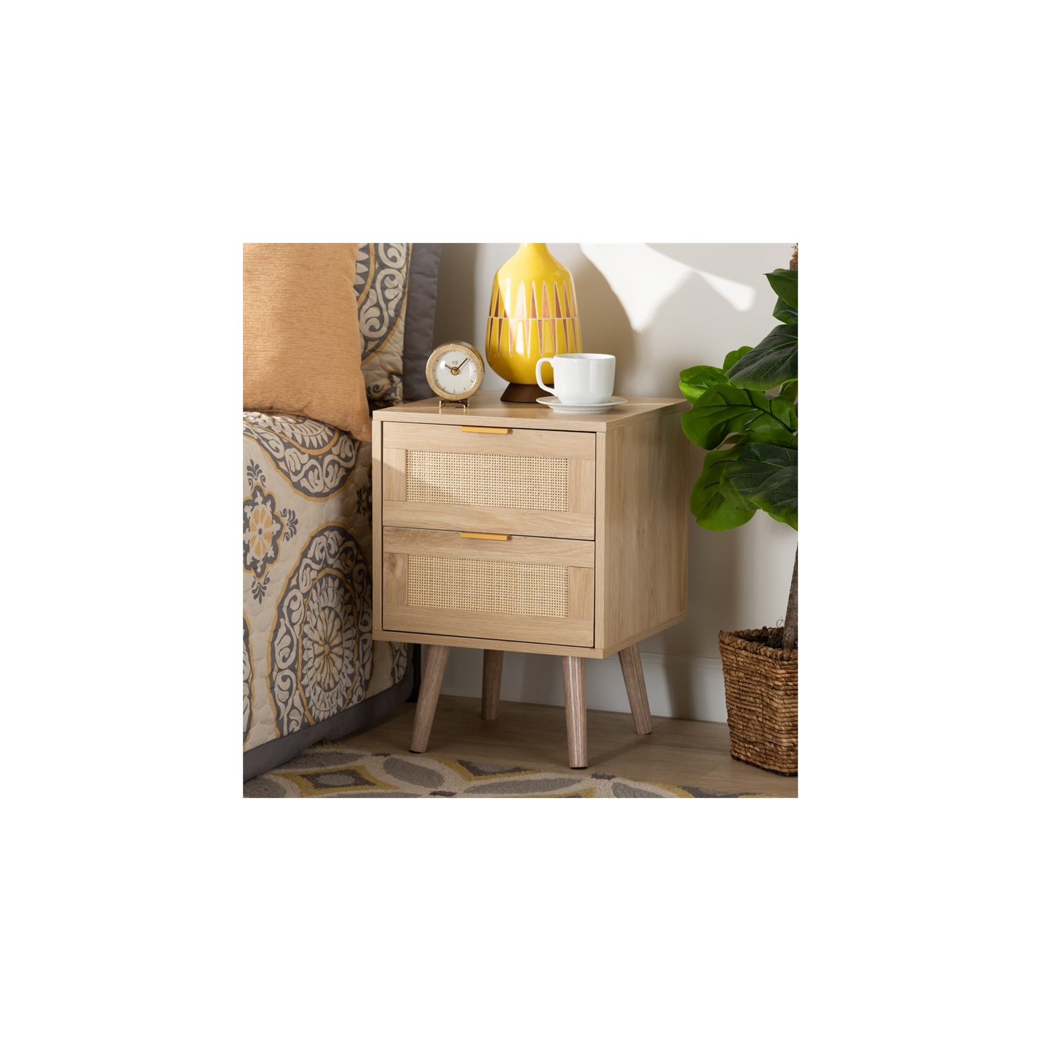 Bowery Hill Light Oak Brown Finished Wood and Rattan 2-Drawer Nightstand