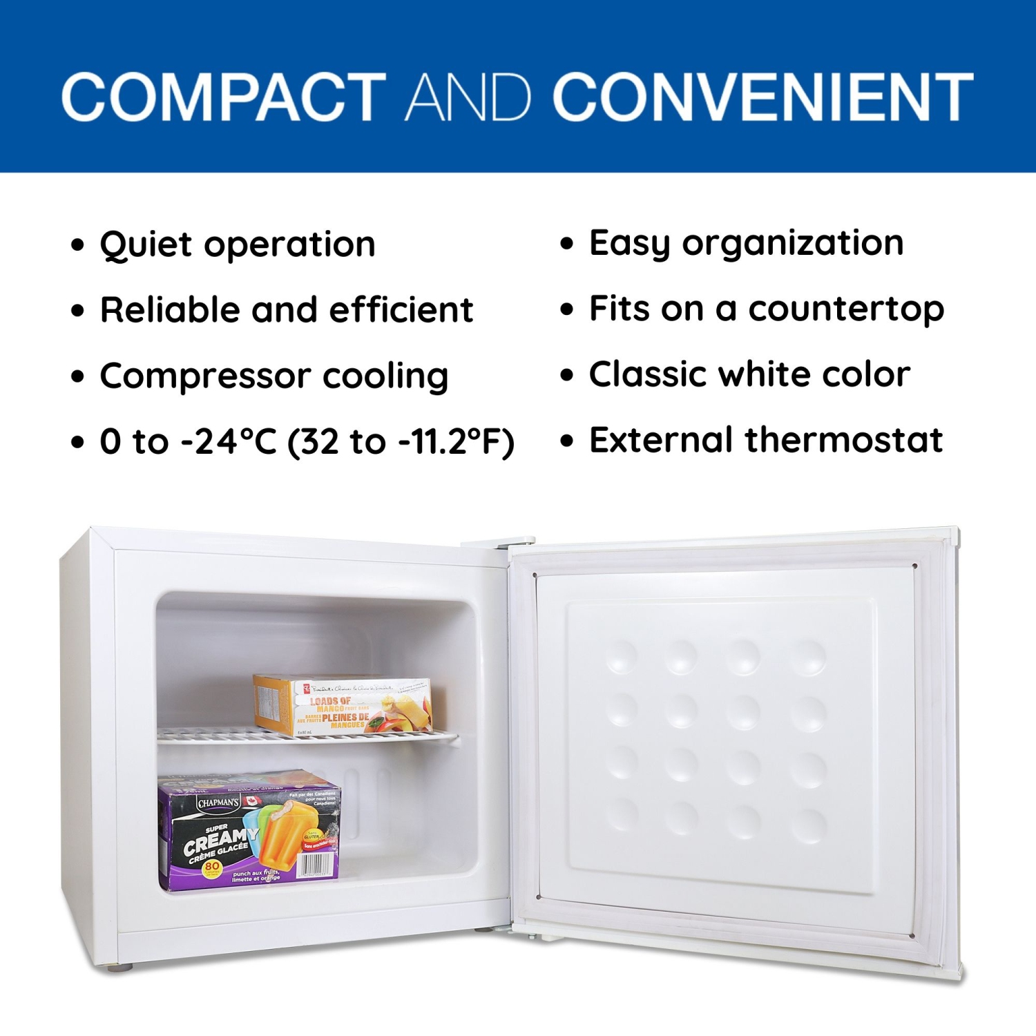Koolatron Mini Upright Freezer 1.2 cu ft White, Manual Defrost, Flat Back, Reversible Door