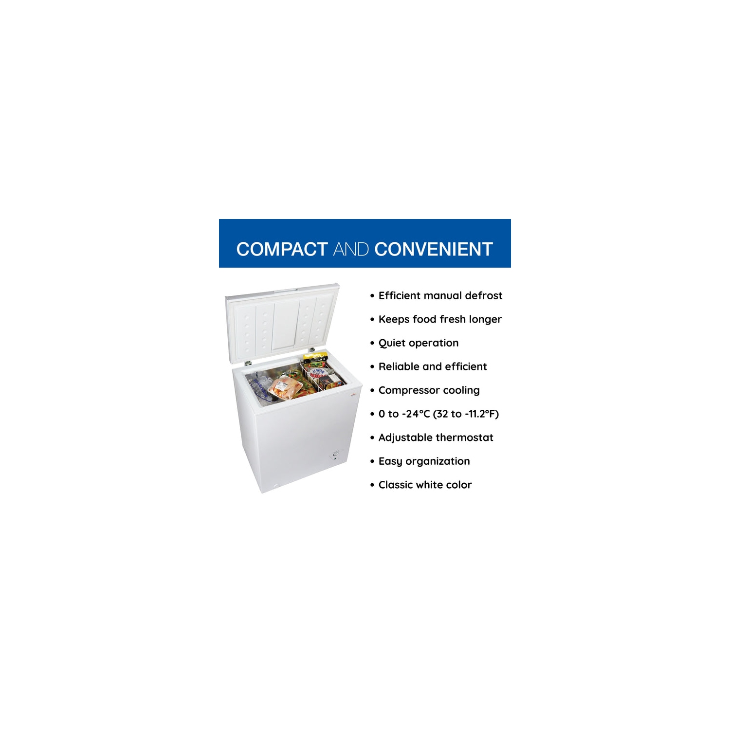 Koolatron Compact Chest Freezer 5.0 cu ft, Manual Defrost Deep Freeze, Storage Basket, Space-Saving Flat Back, Stay-Open Lid, Front-Access Defrost