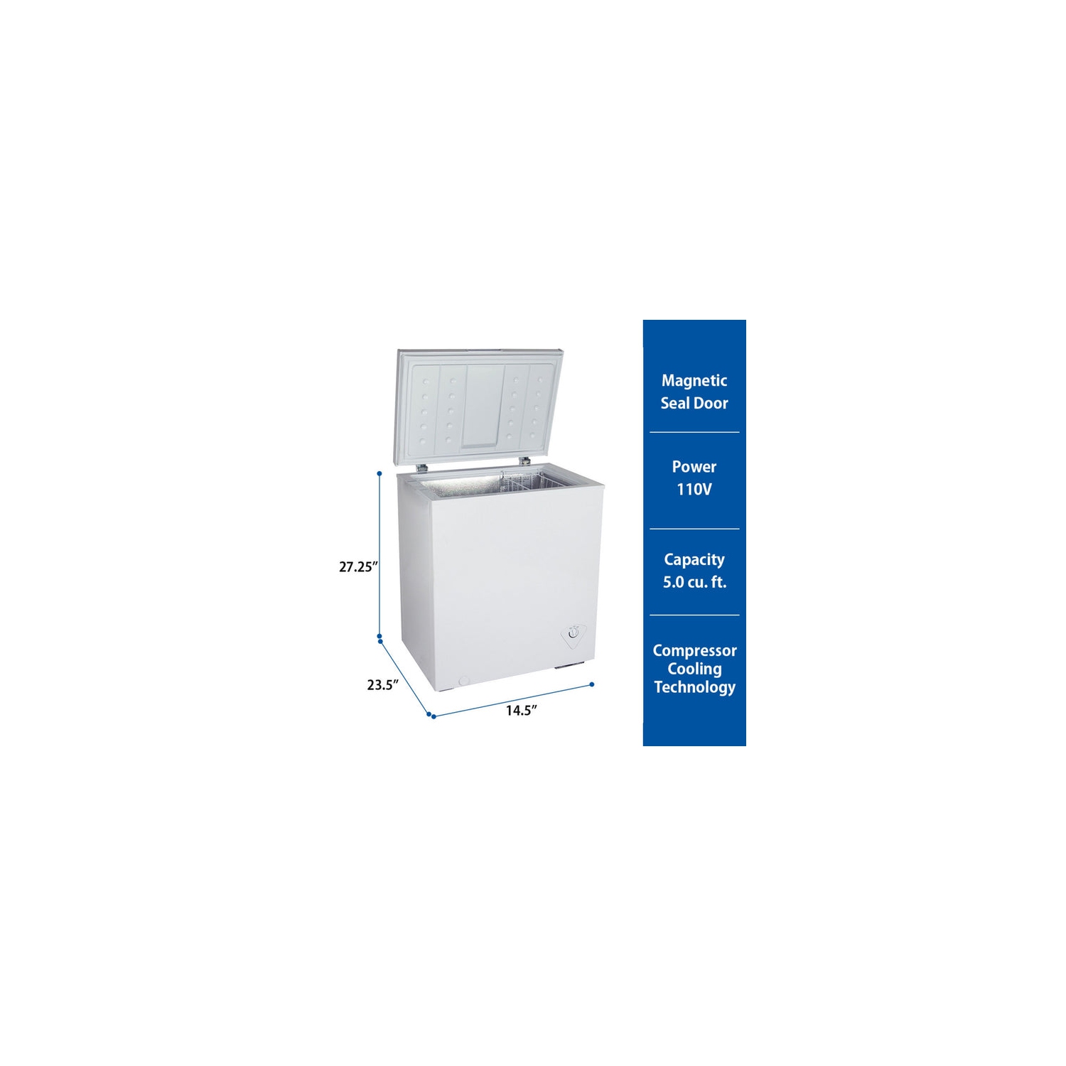 Koolatron Compact Chest Freezer 5.0 cu ft, Manual Defrost Deep Freeze, Storage Basket, Space-Saving Flat Back, Stay-Open Lid, Front-Access Defrost