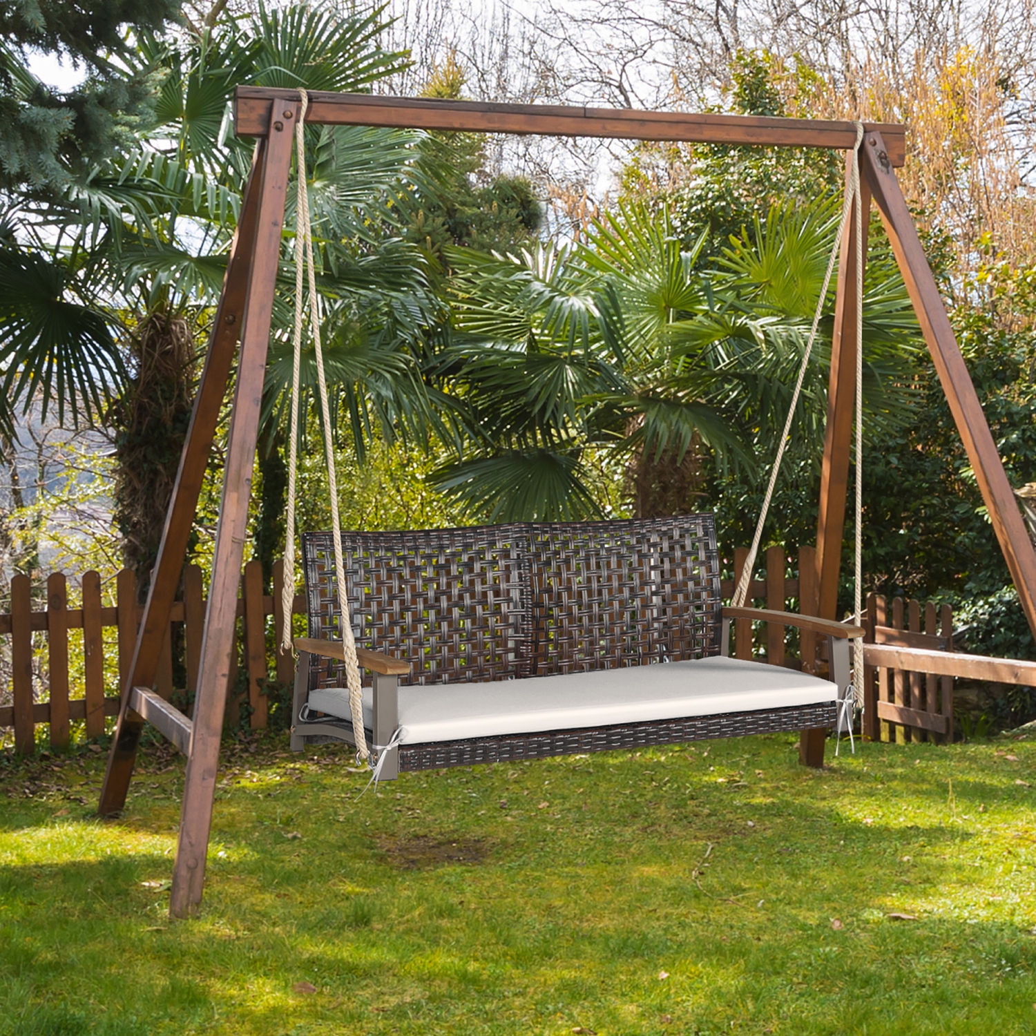 Gymax 2-Seat Rattan Porch Swing Chair Outdoor Wicker Swing Bench W/ Seat Cushion Off White