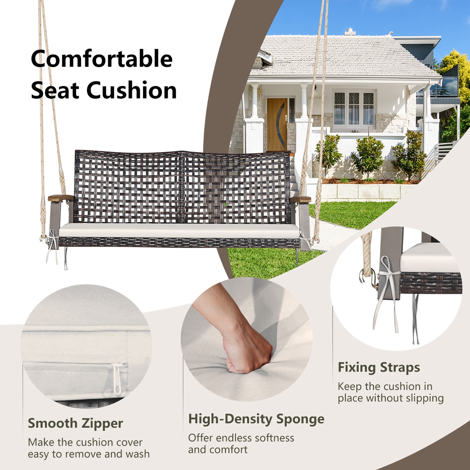 Gymax 2-Seat Rattan Porch Swing Chair Outdoor Wicker Swing Bench W/ Seat Cushion Off White