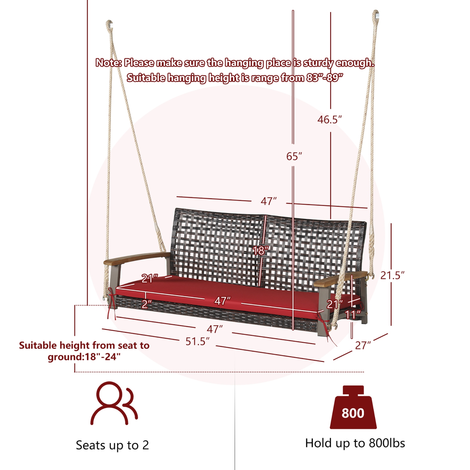Gymax 2-Seat Rattan Porch Swing Chair Outdoor Wicker Swing Bench W/ Seat Cushion