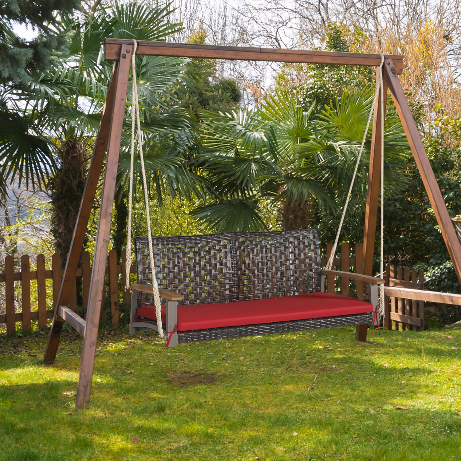 Gymax 2-Seat Rattan Porch Swing Chair Outdoor Wicker Swing Bench W/ Seat Cushion