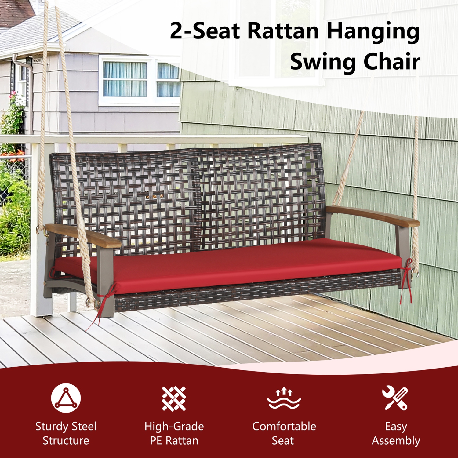 Gymax 2-Seat Rattan Porch Swing Chair Outdoor Wicker Swing Bench W/ Seat Cushion