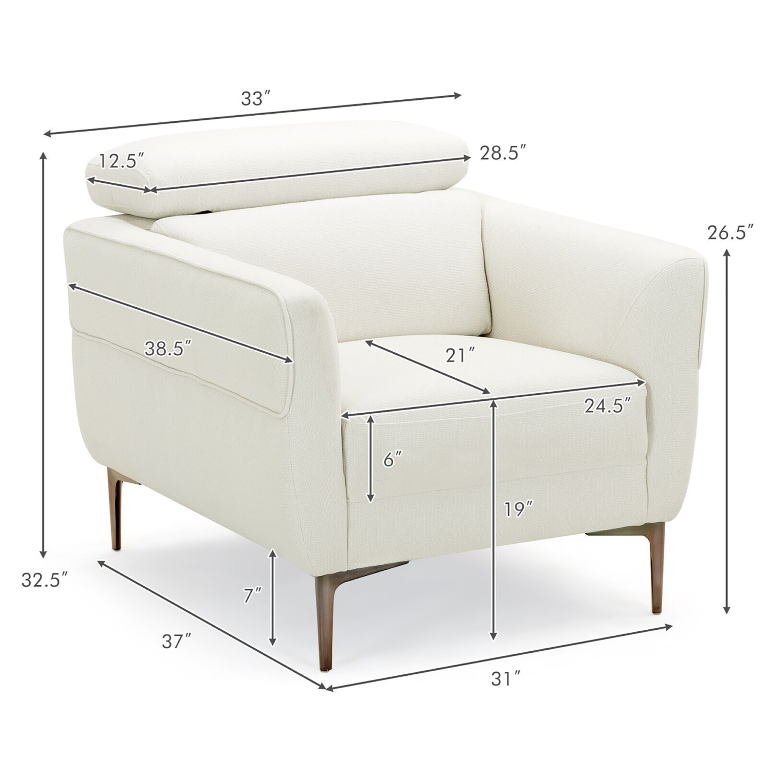 Gymax Modern Upholstered Accent Chair Single Sofa Armchair w/ Adjustable Headrest White