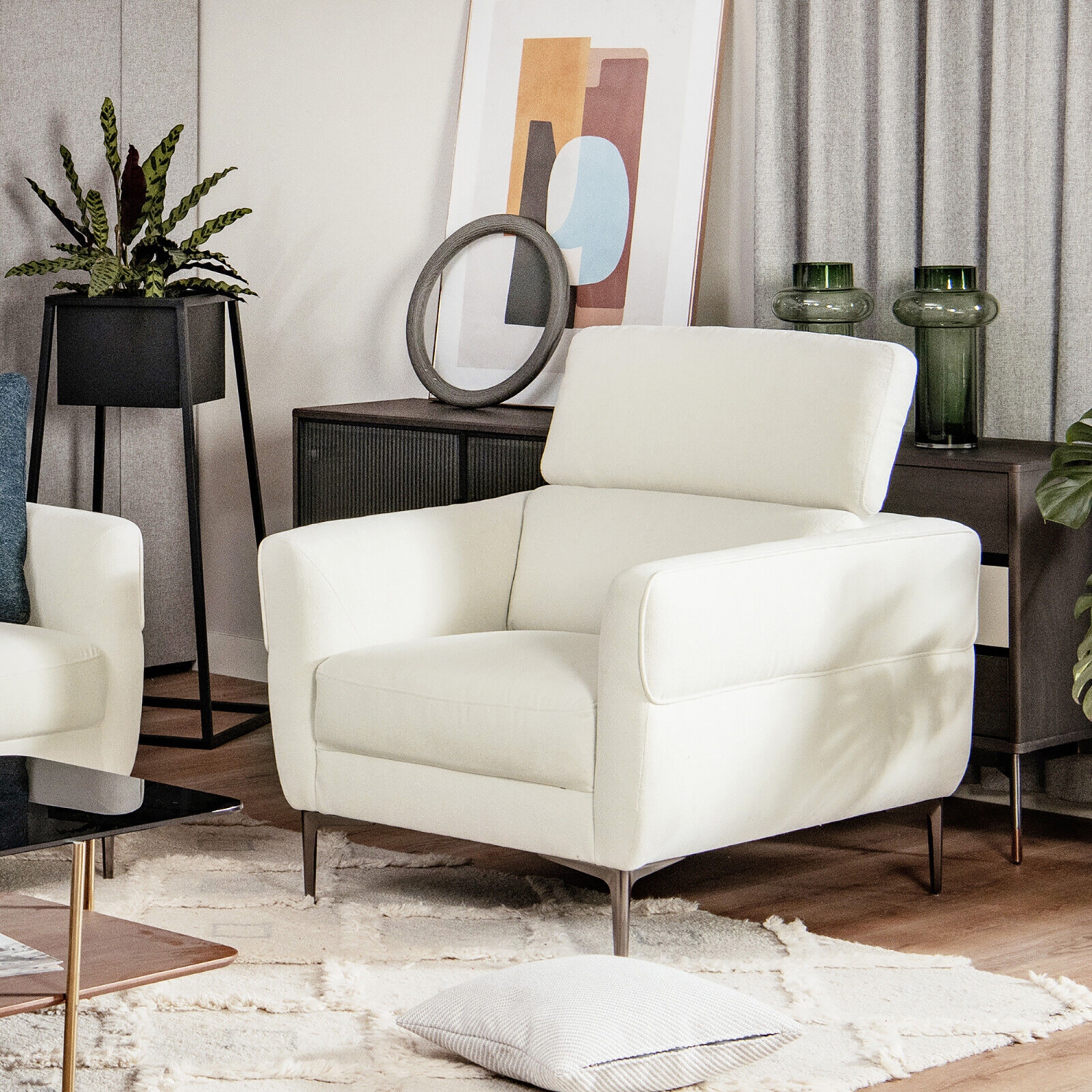 Gymax Modern Upholstered Accent Chair Single Sofa Armchair w/ Adjustable Headrest White