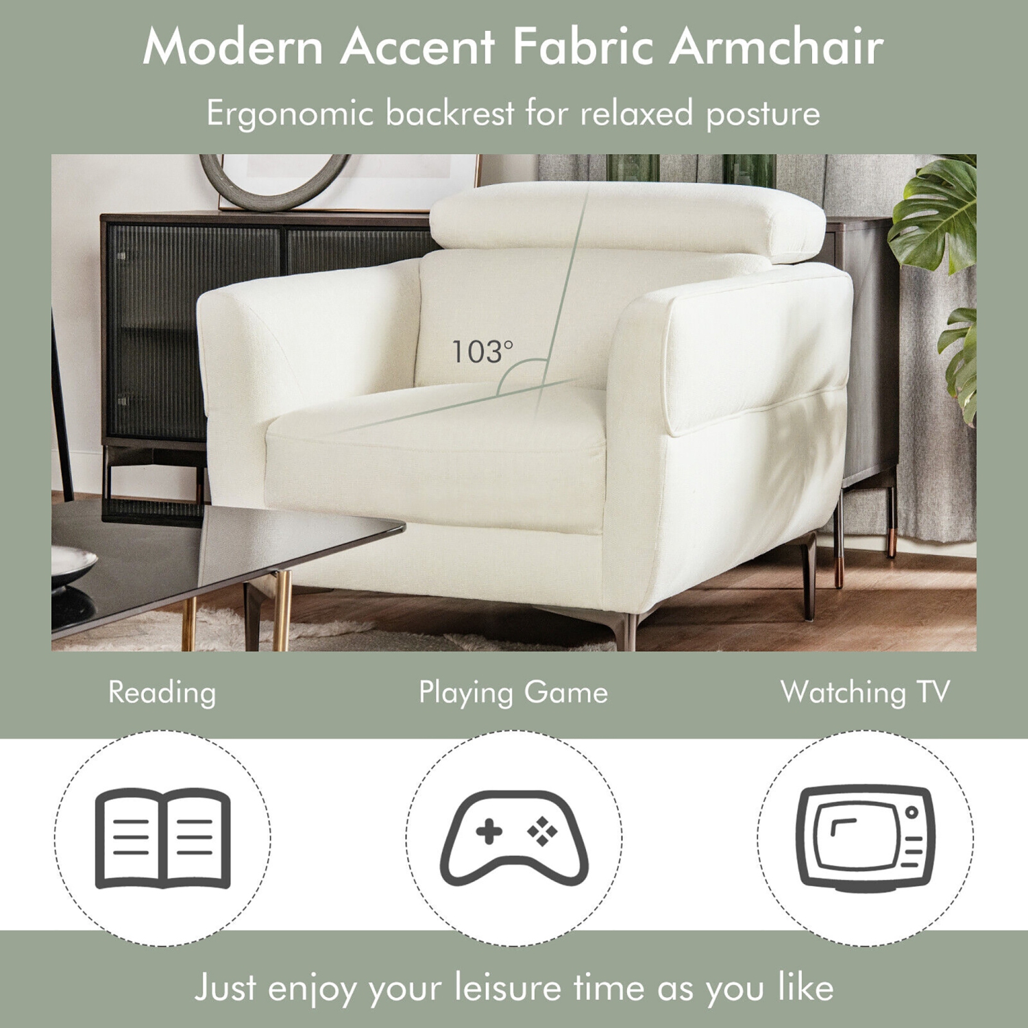 Gymax Modern Upholstered Accent Chair Single Sofa Armchair w/ Adjustable Headrest White