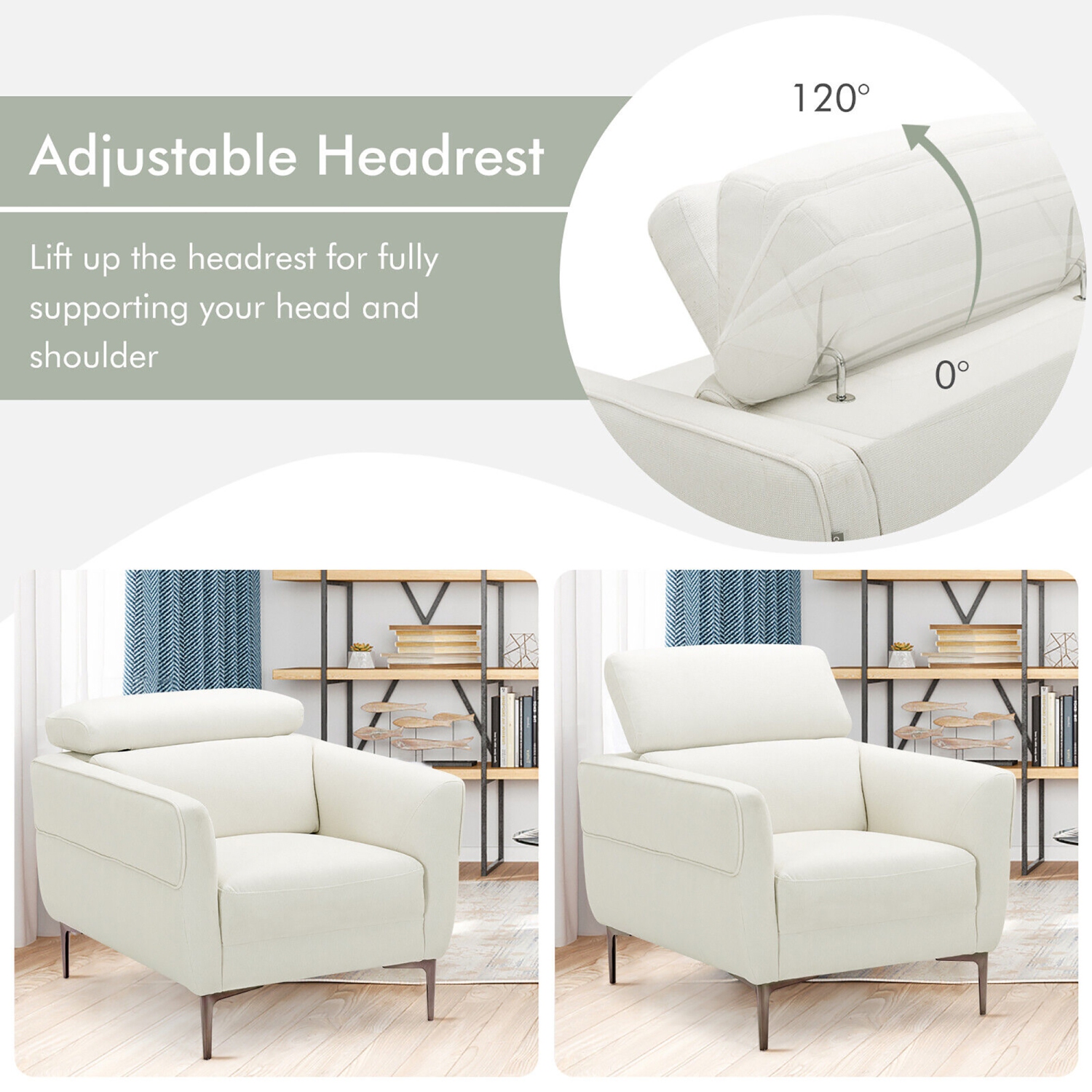 Gymax Modern Upholstered Accent Chair Single Sofa Armchair w/ Adjustable Headrest White