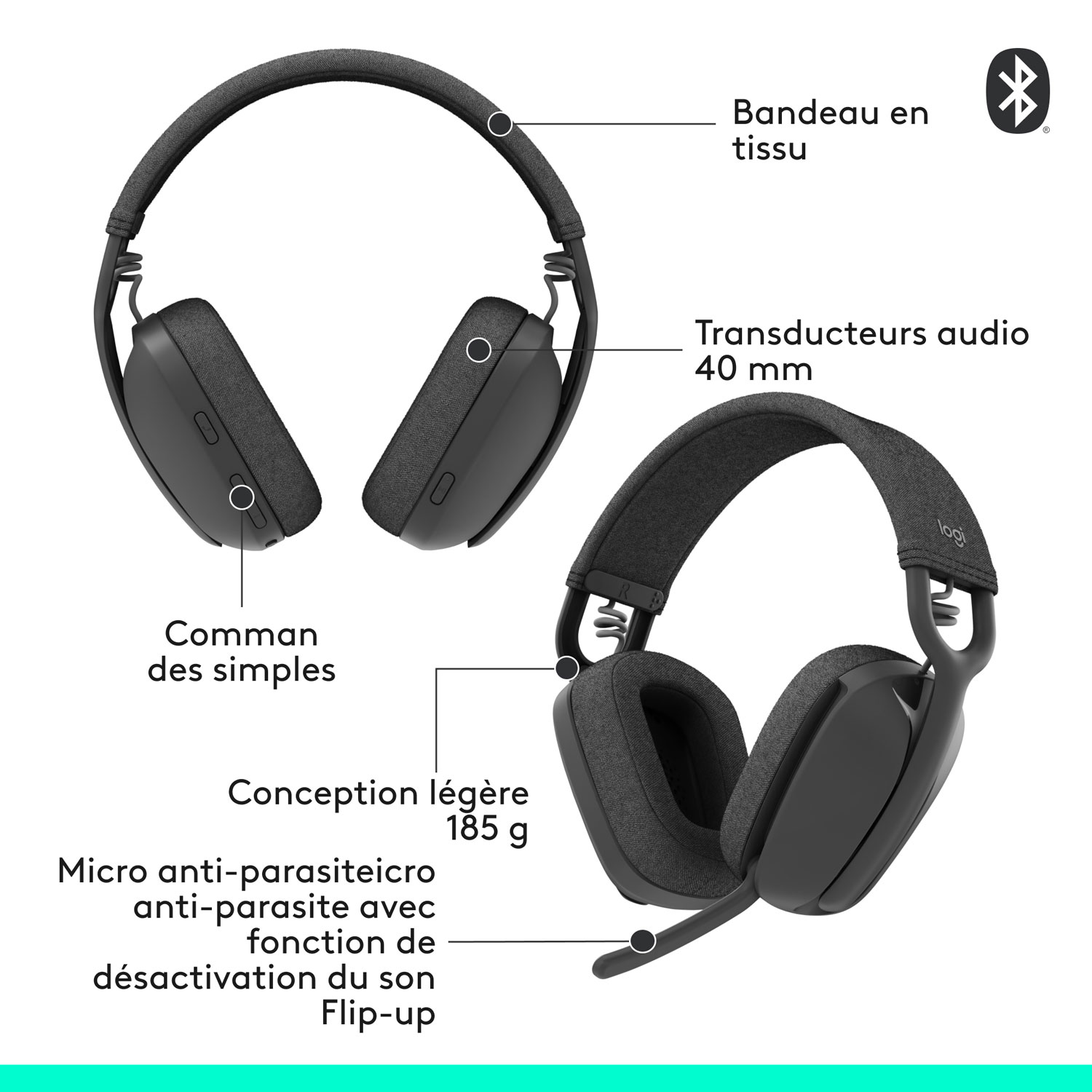 Casque d'écoute sans fil avec microphone Zone Vibe 100 de Logitech - Graphite